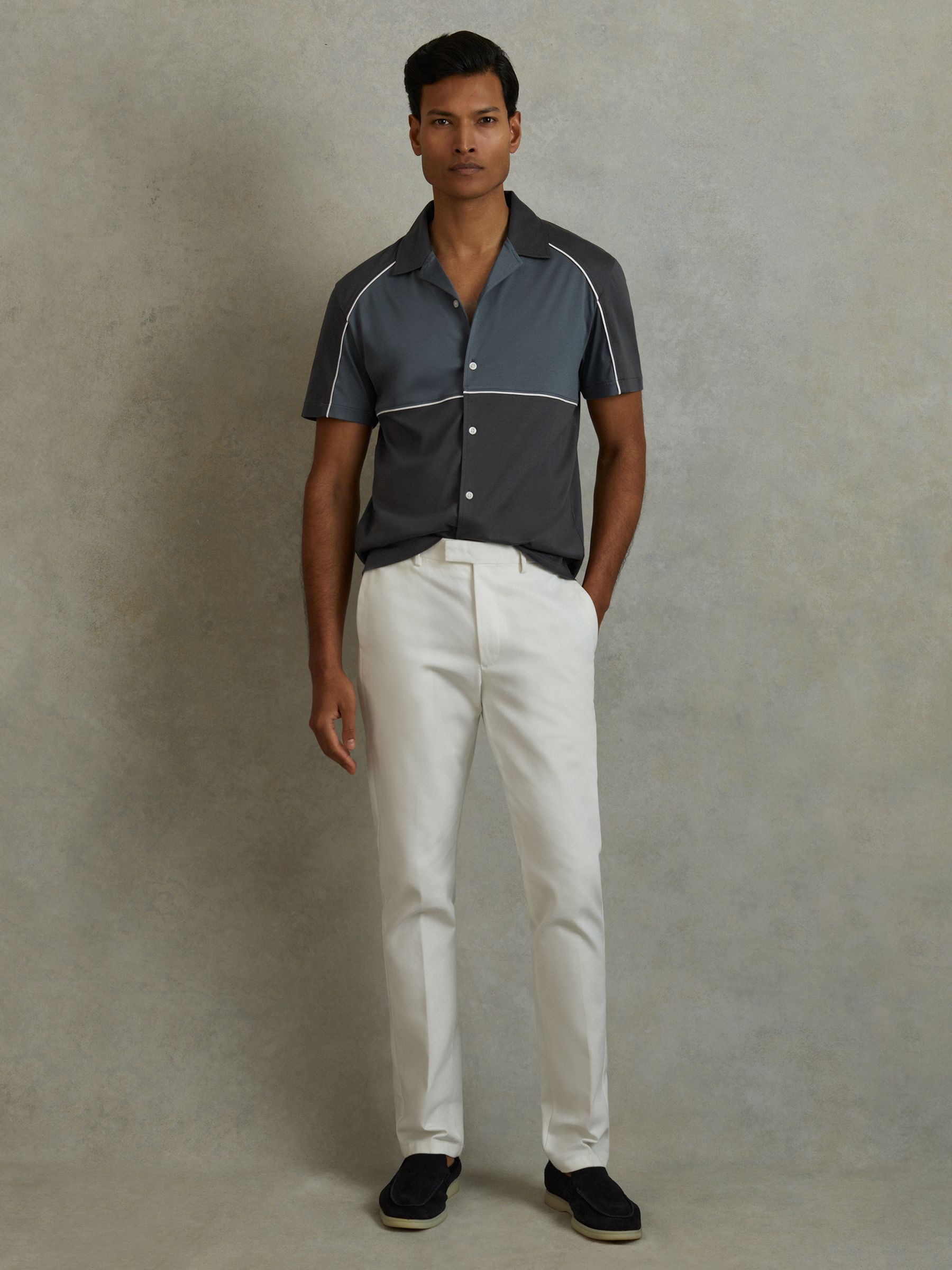 Mercerised Cotton Colourblock Cuban Collar Shirt in Blue Multi - Image 3 of 5