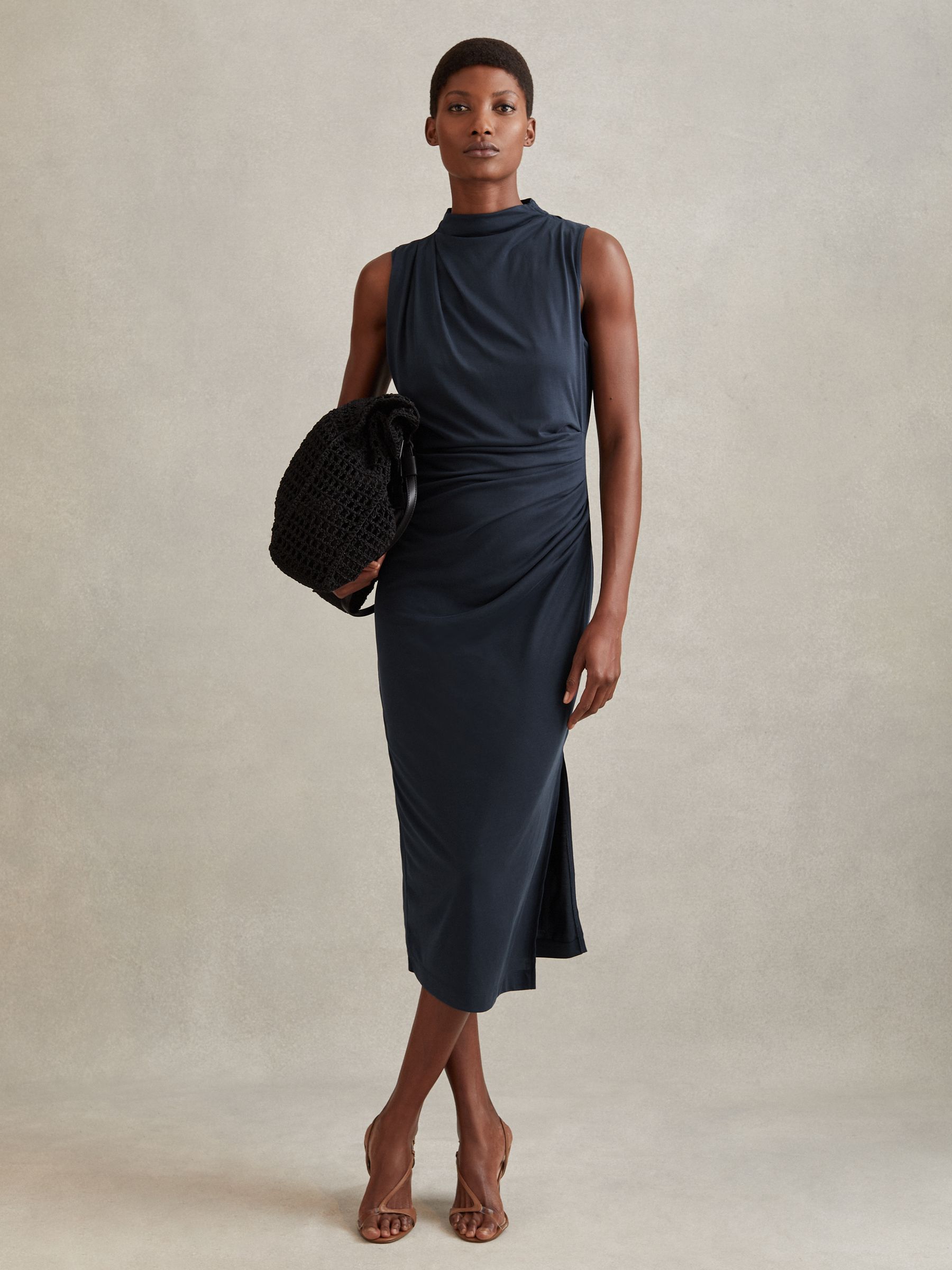 Modal Blend Ruched Midi Dress in Navy - Image 3 of 6