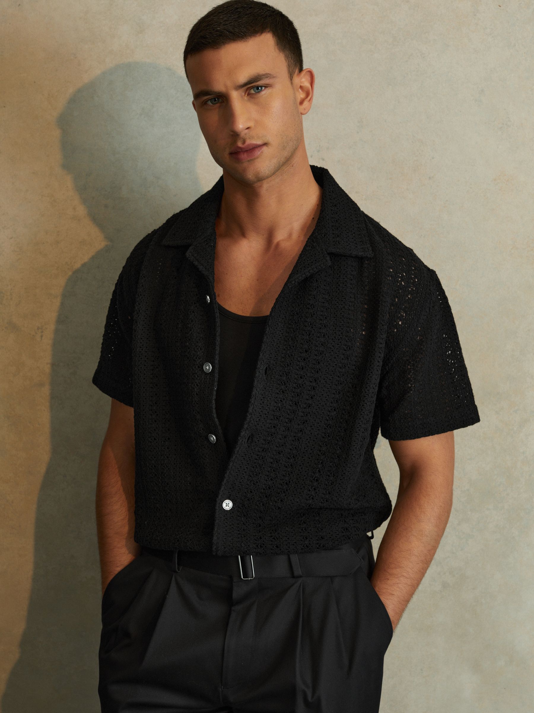 Cotton Crochet Cuban Collar Shirt in Black - Image 1 of 5