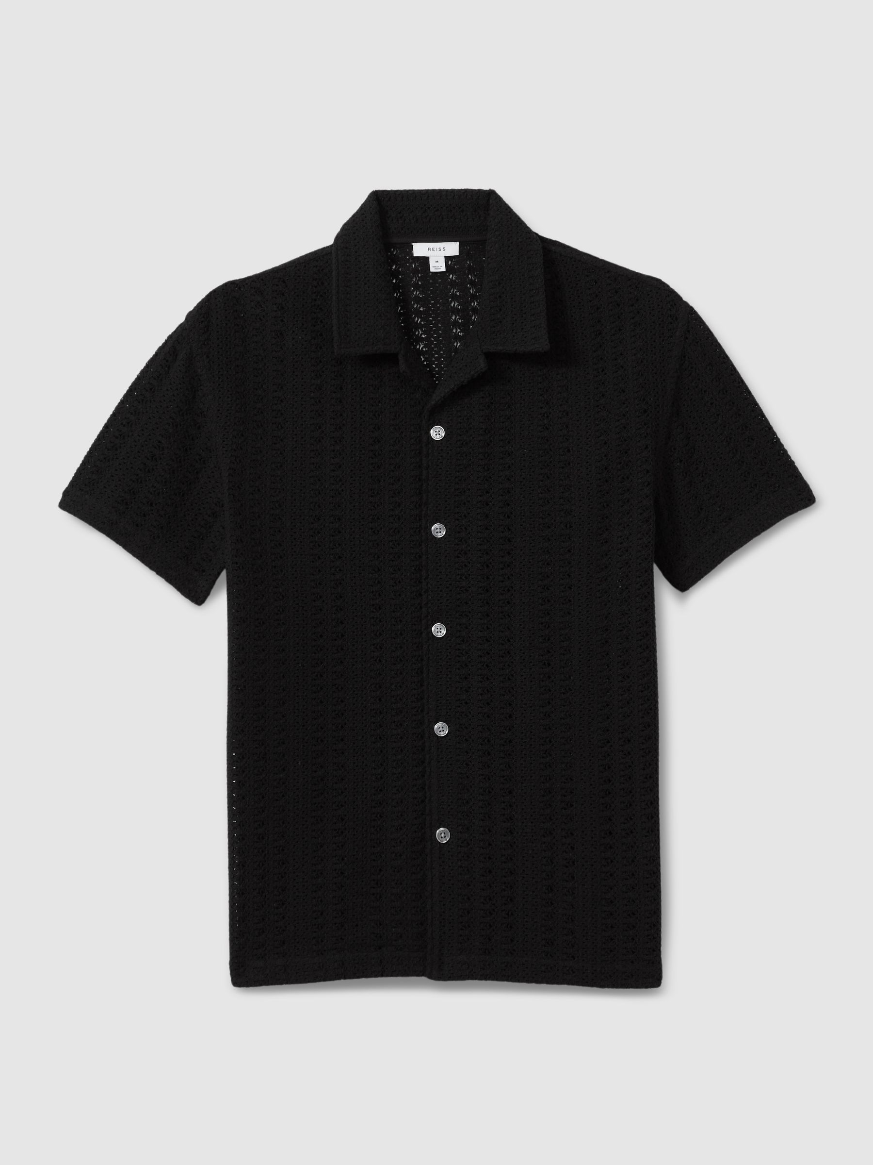 Cotton Crochet Cuban Collar Shirt in Black - Image 2 of 5