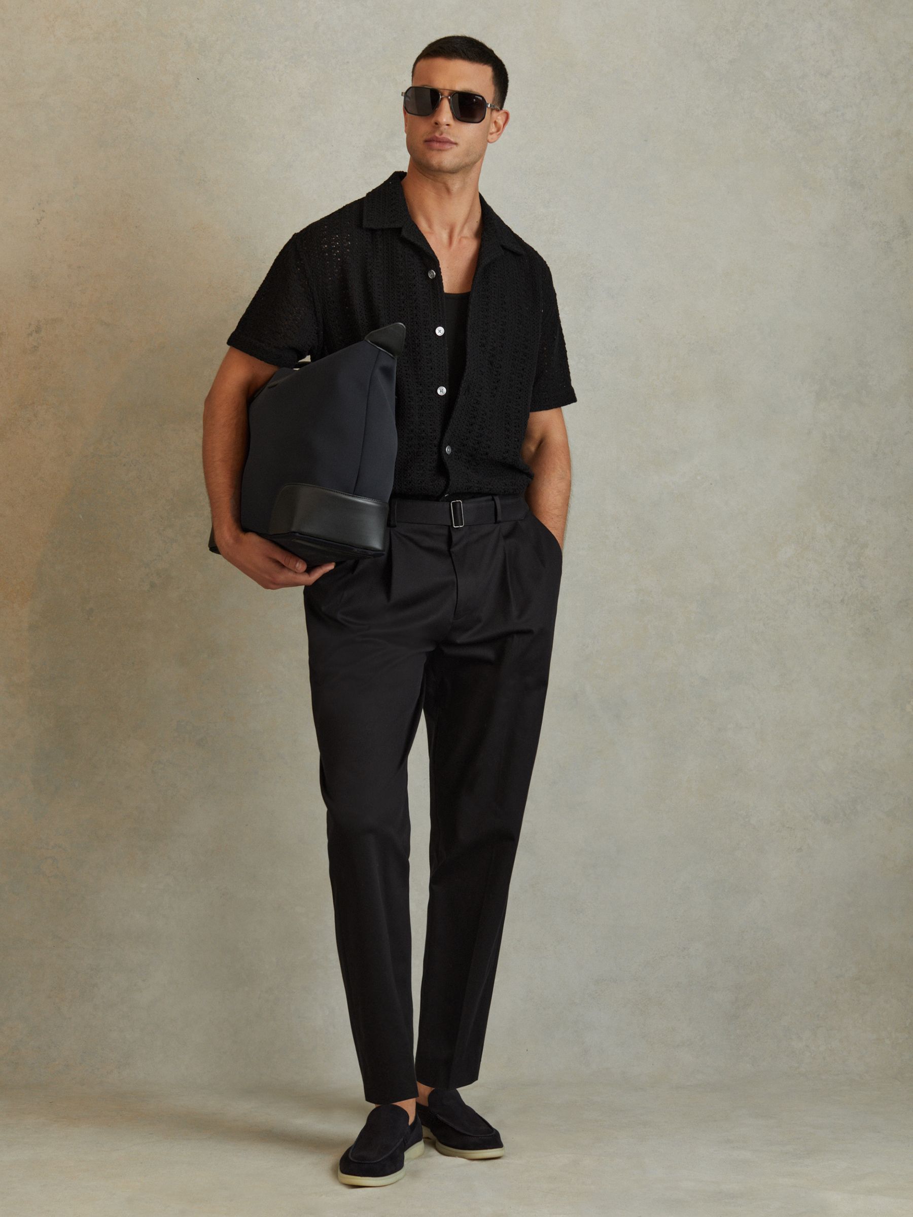 Cotton Crochet Cuban Collar Shirt in Black - Image 3 of 5