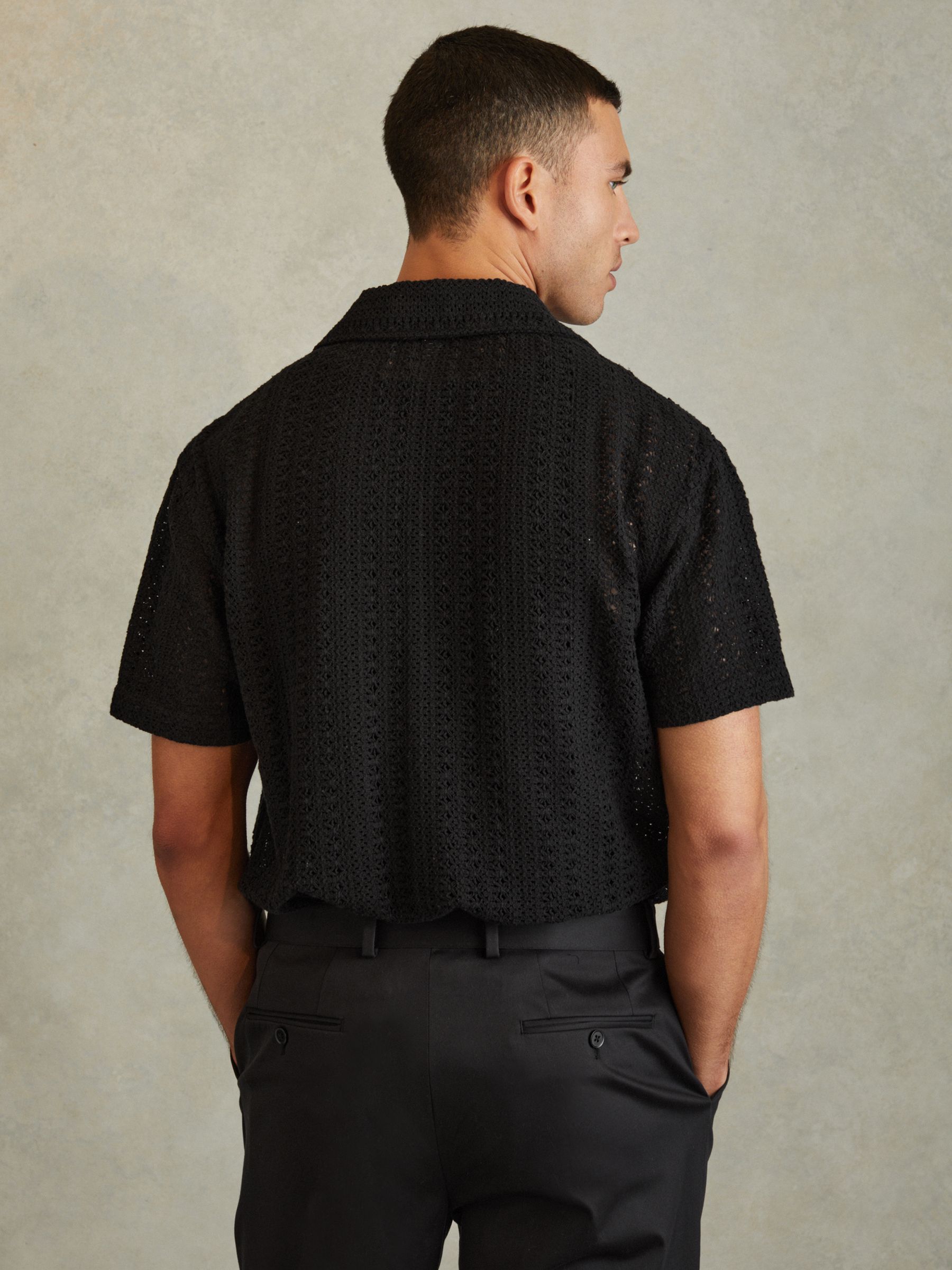 Cotton Crochet Cuban Collar Shirt in Black - Image 4 of 5