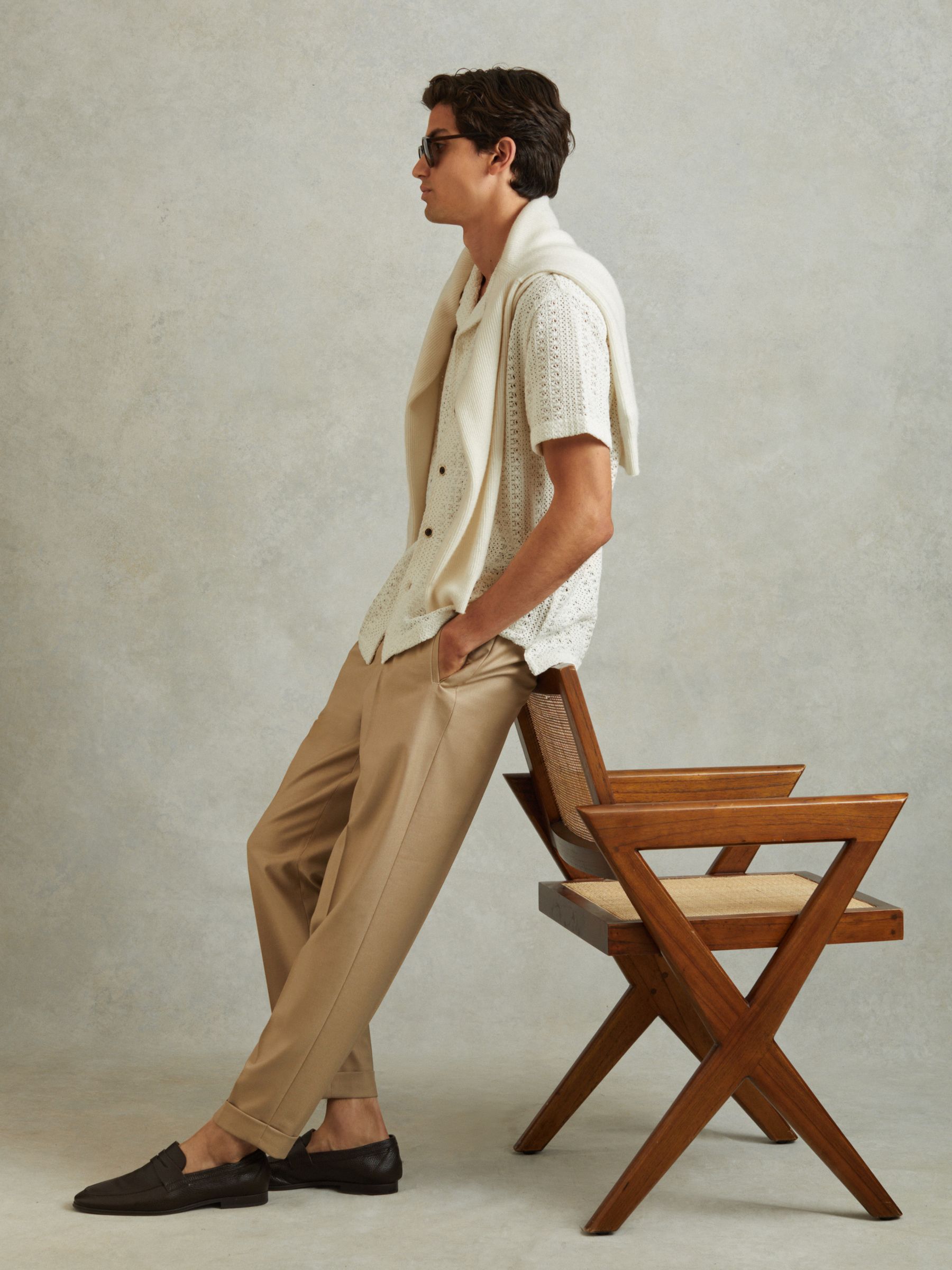 Cotton Crochet Cuban Collar Shirt in Ecru - Image 1 of 5