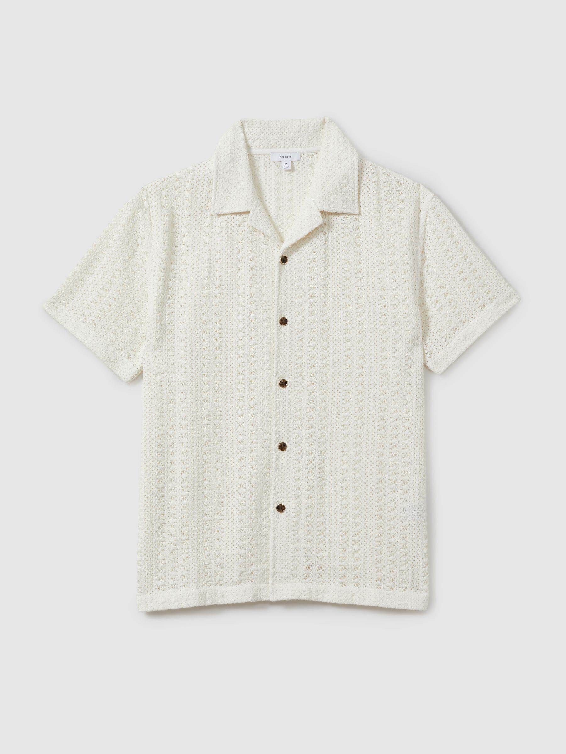 Cotton Crochet Cuban Collar Shirt in Ecru - Image 2 of 5