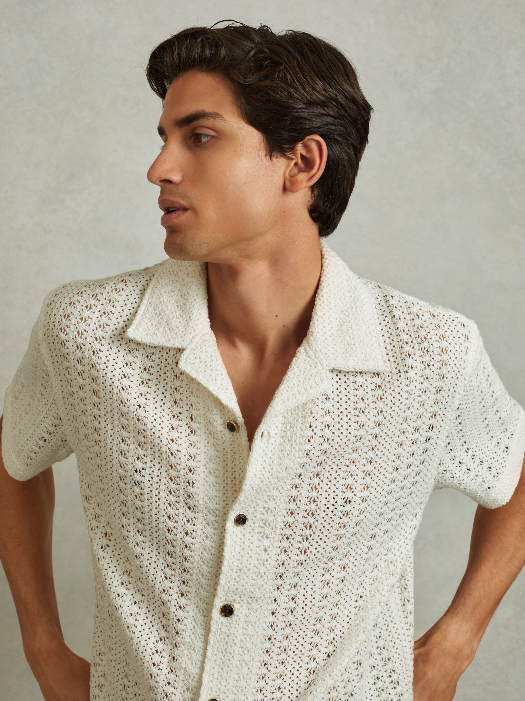 Cotton Crochet Cuban Collar Shirt in Ecru - Image 3 of 5