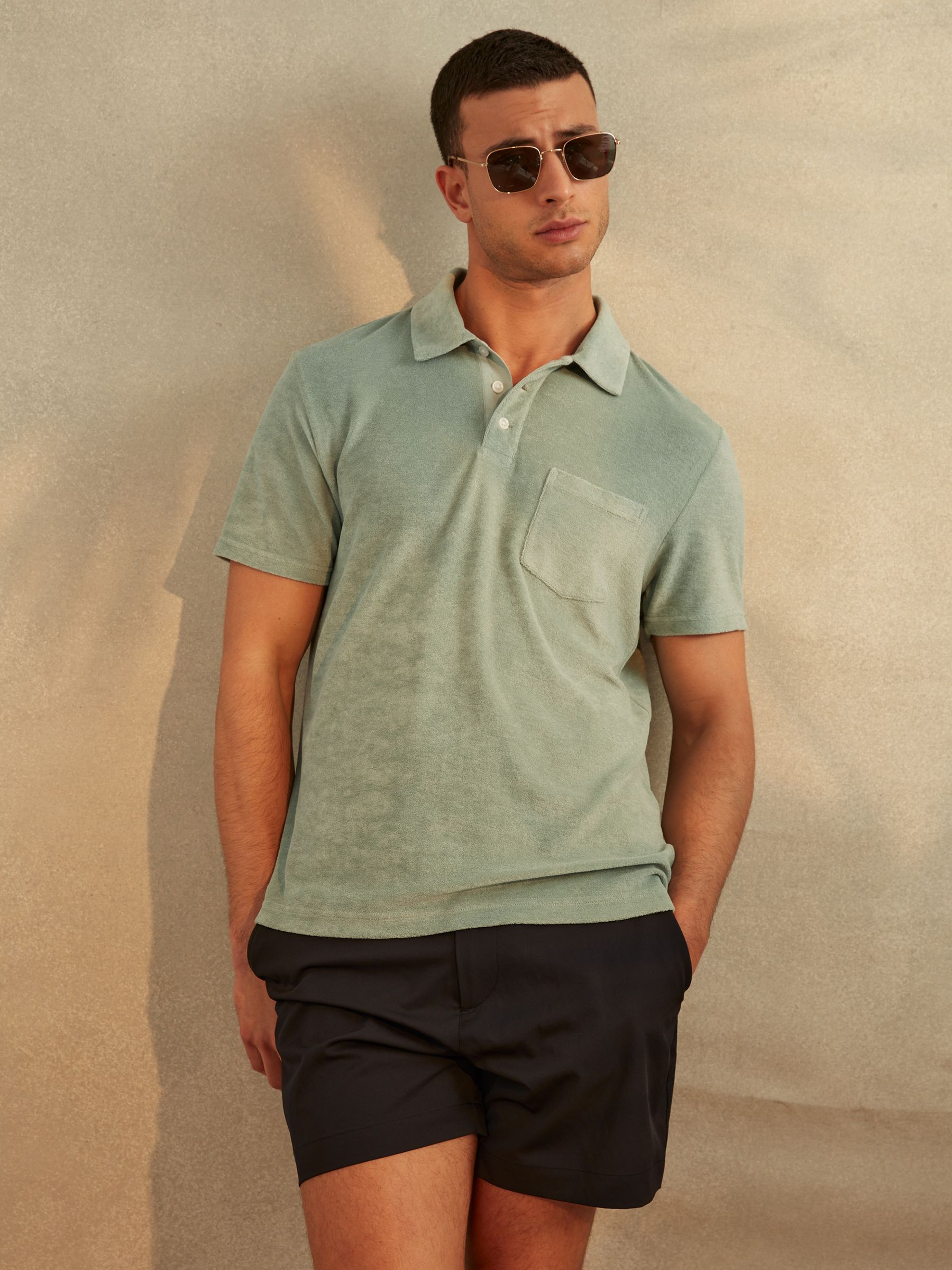 Towelling Polo Shirt in Mint - Image 1 of 5