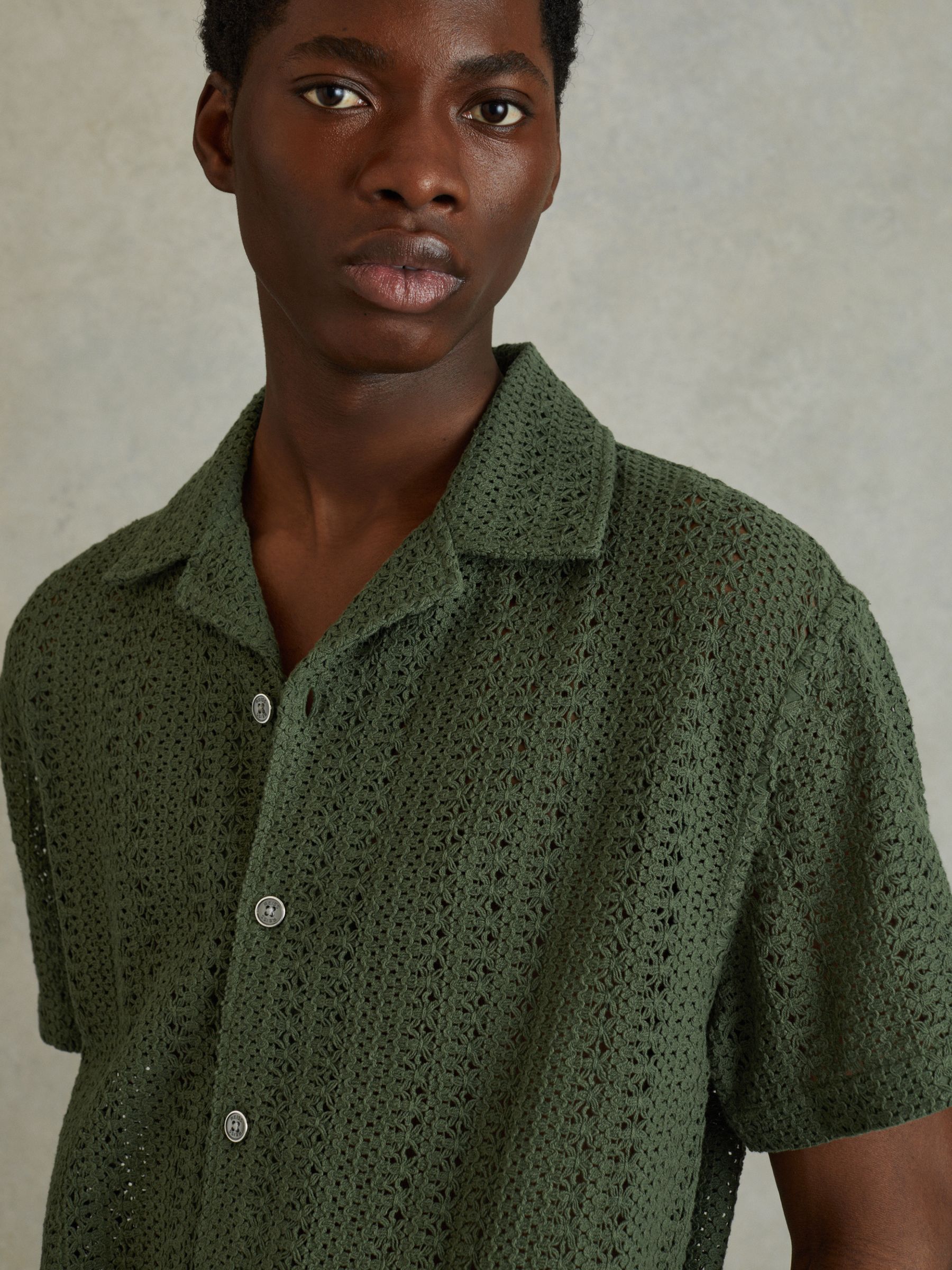 Cotton Crochet Cuban Collar Shirt in Olive Green - Image 1 of 6