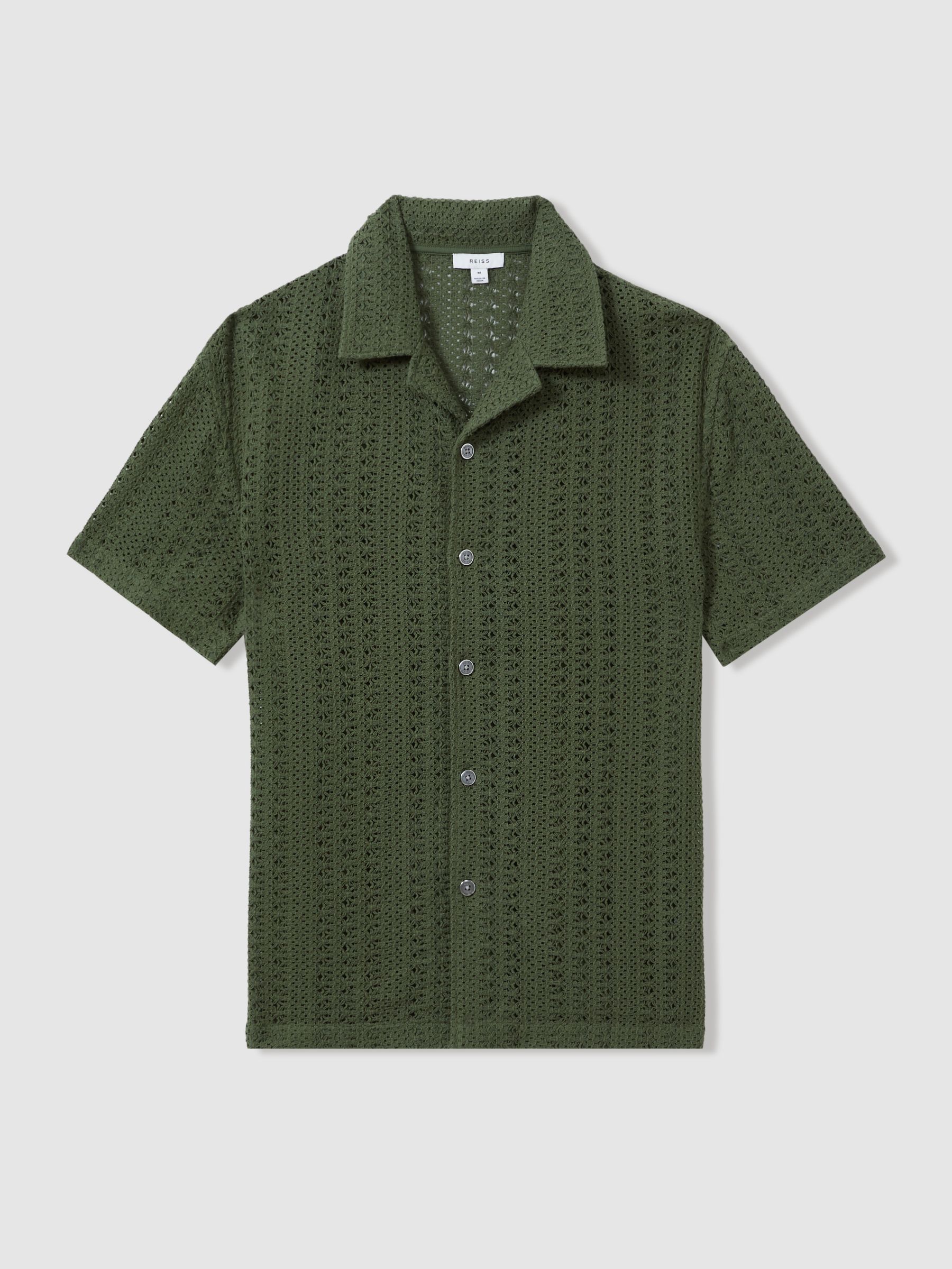 Cotton Crochet Cuban Collar Shirt in Olive Green - Image 2 of 6