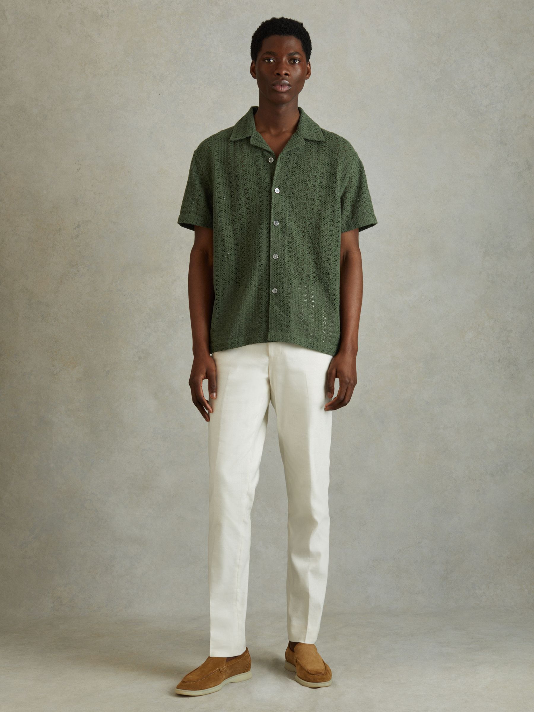 Cotton Crochet Cuban Collar Shirt in Olive Green - Image 3 of 6
