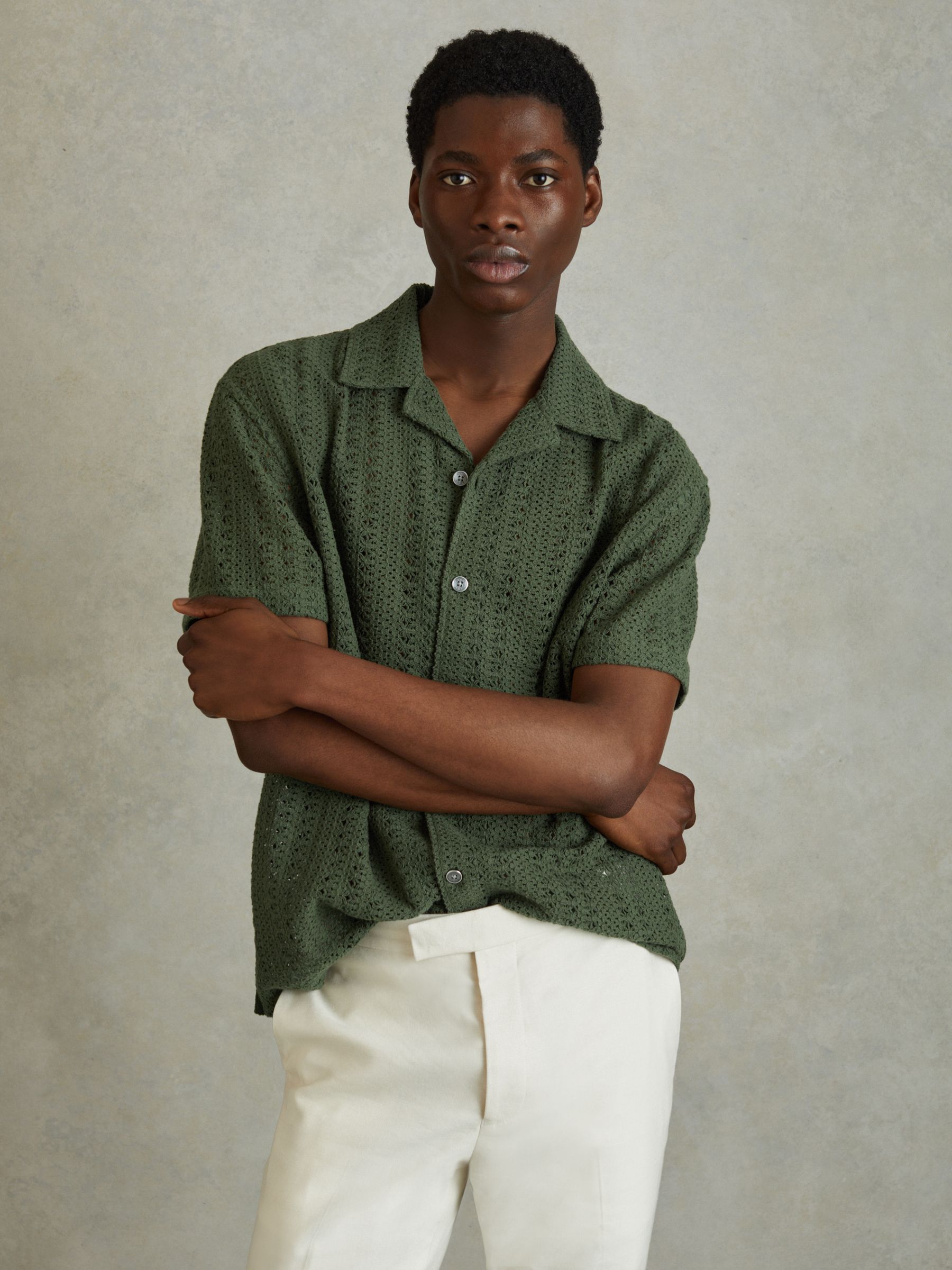 Cotton Crochet Cuban Collar Shirt in Olive Green - Image 4 of 6