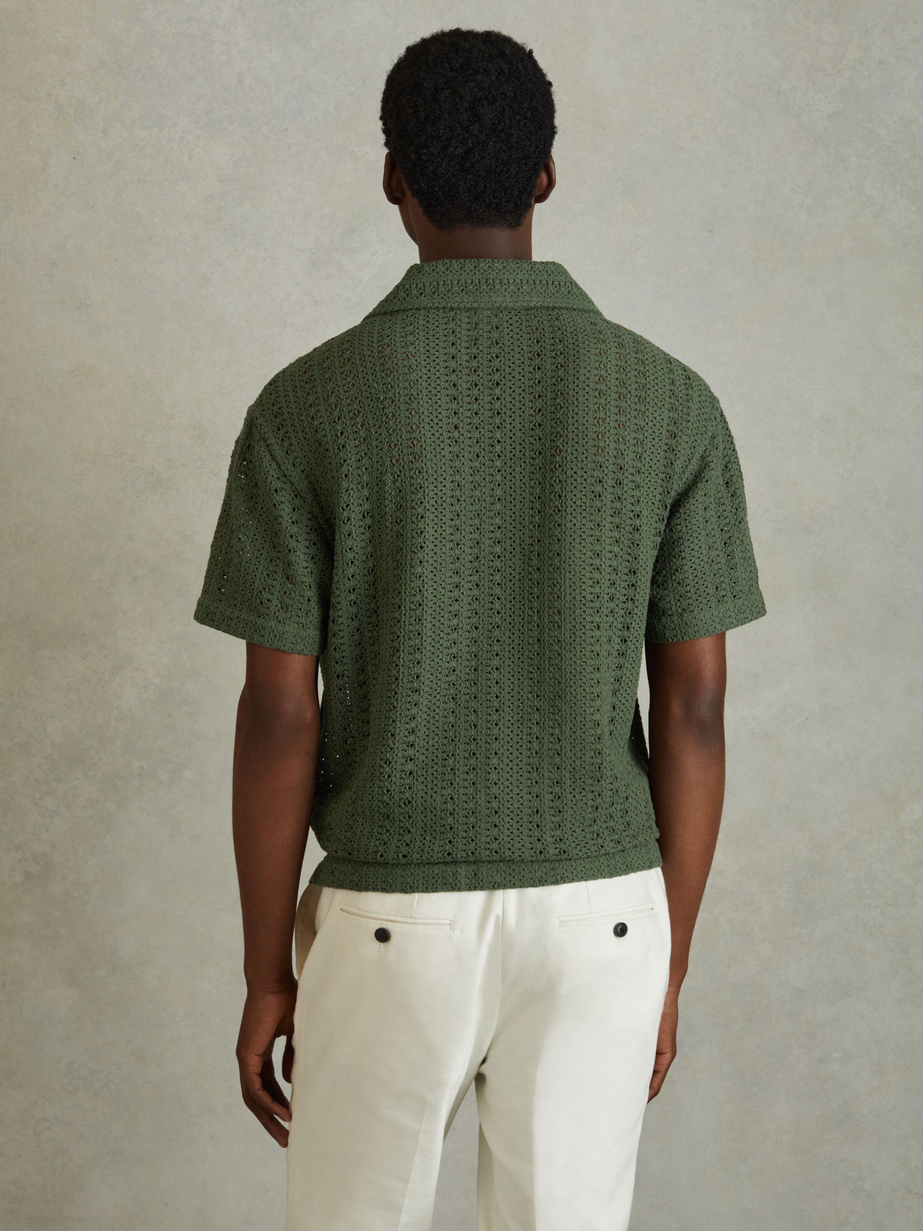 Cotton Crochet Cuban Collar Shirt in Olive Green - Image 5 of 6