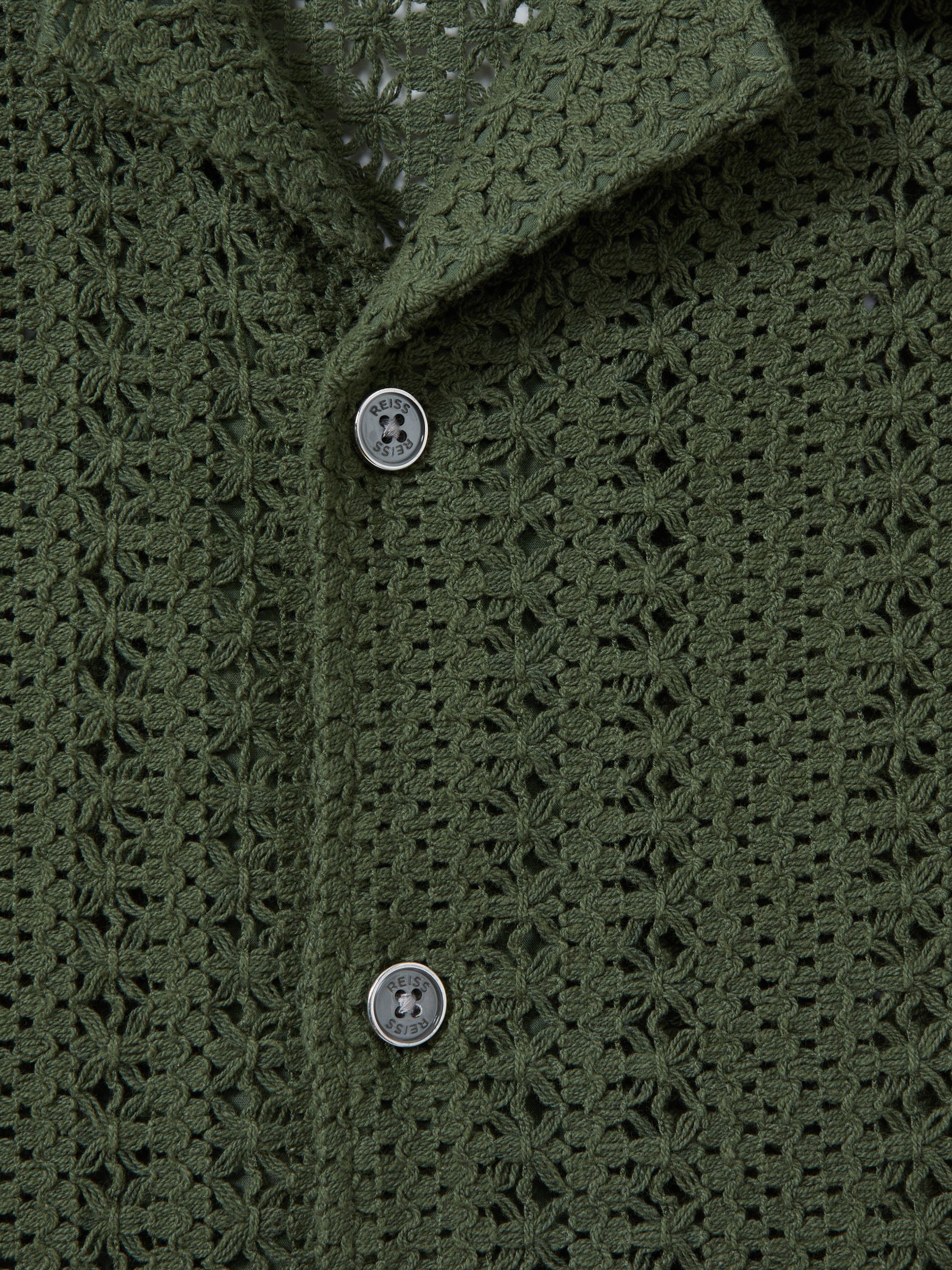 Cotton Crochet Cuban Collar Shirt in Olive Green - Image 6 of 6