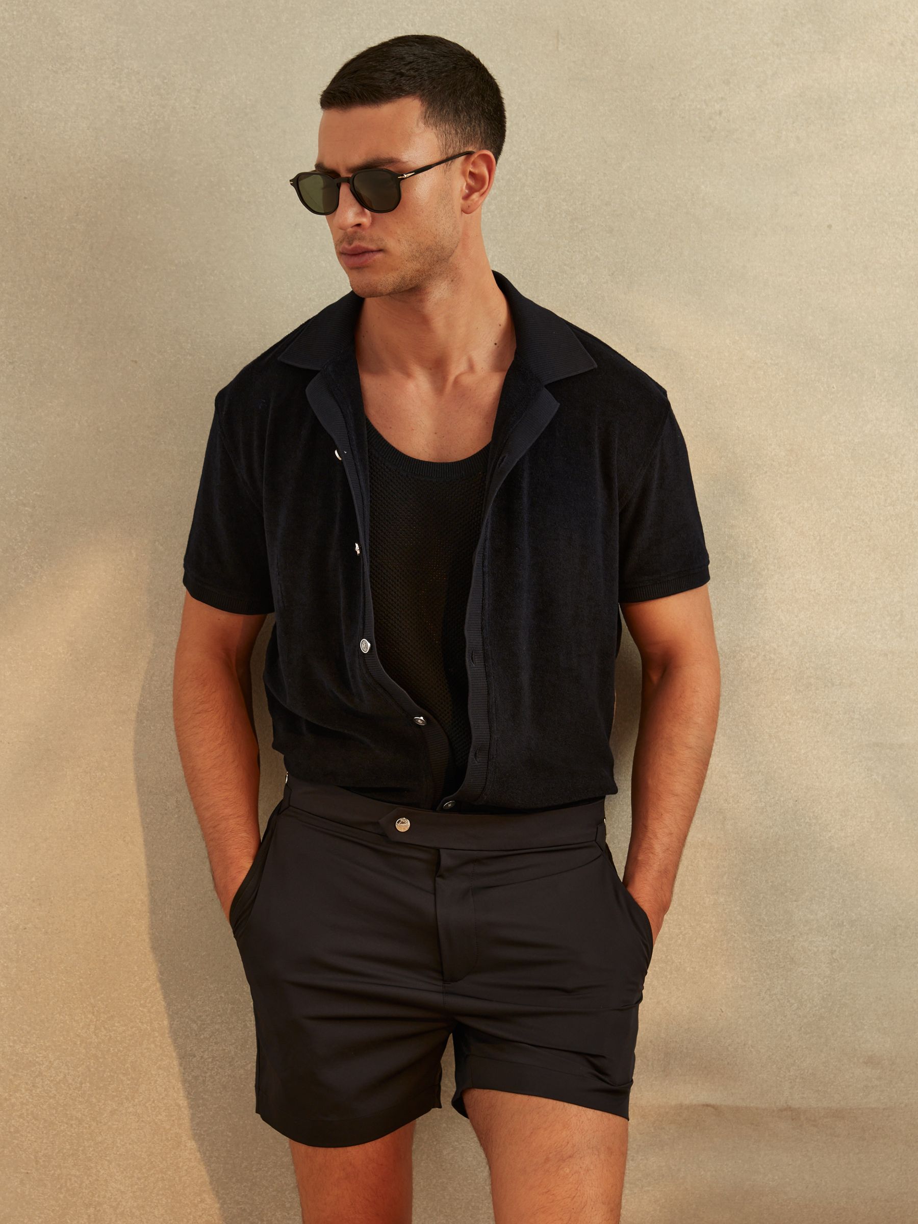 Towelling Cuban Collar Shirt in Navy - Image 1 of 5