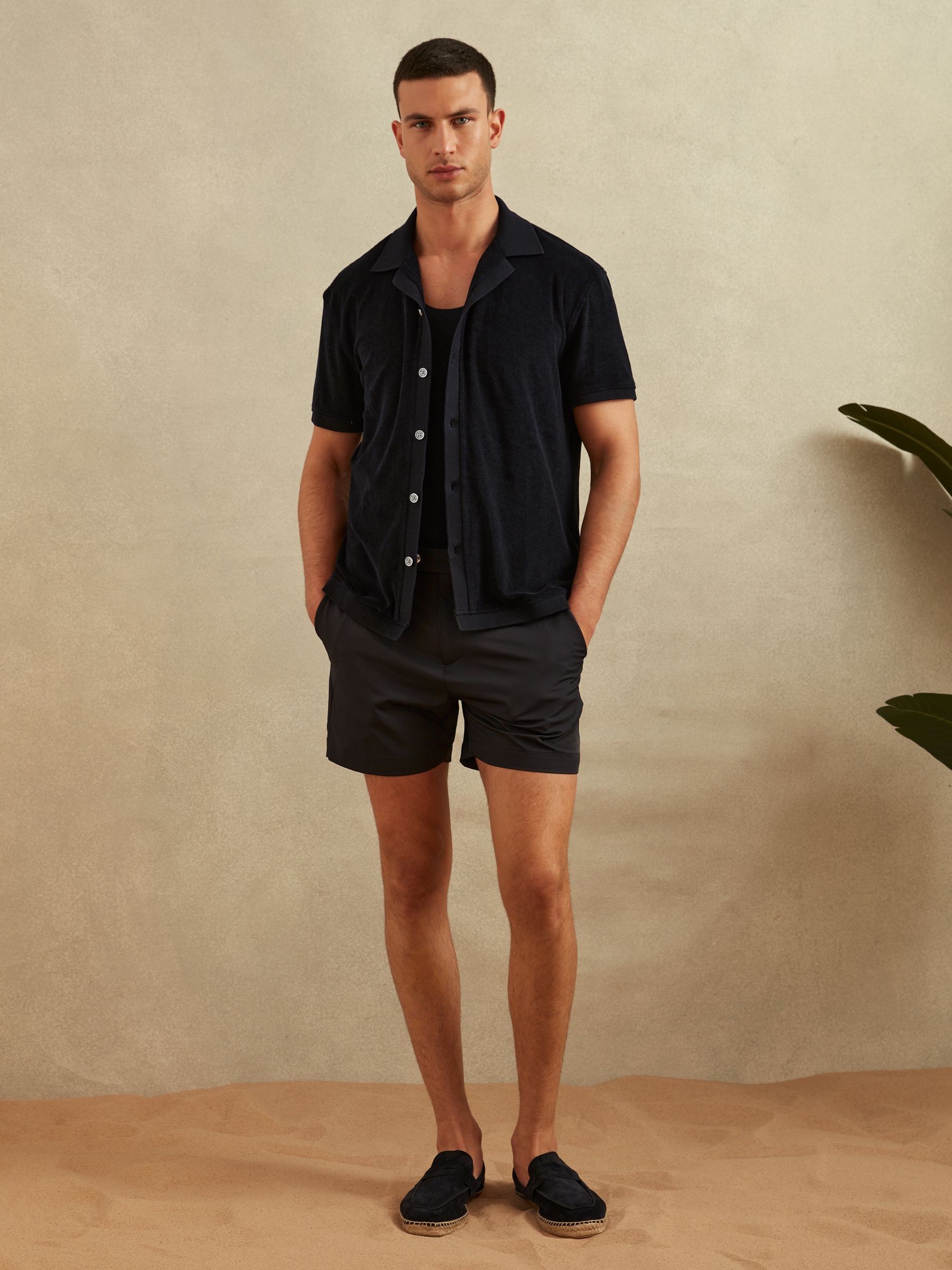 Towelling Cuban Collar Shirt in Navy - Image 3 of 5