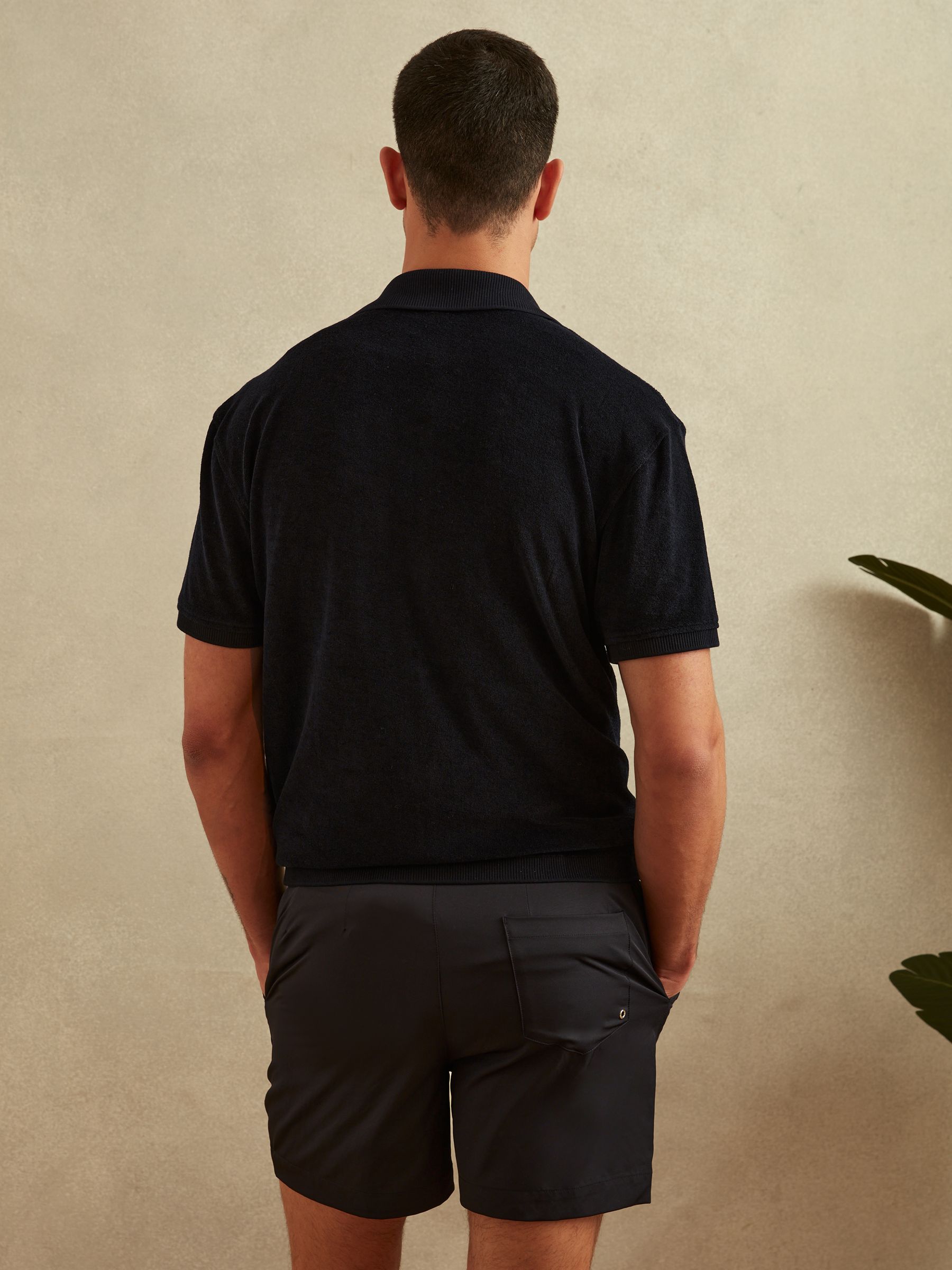 Towelling Cuban Collar Shirt in Navy - Image 4 of 5