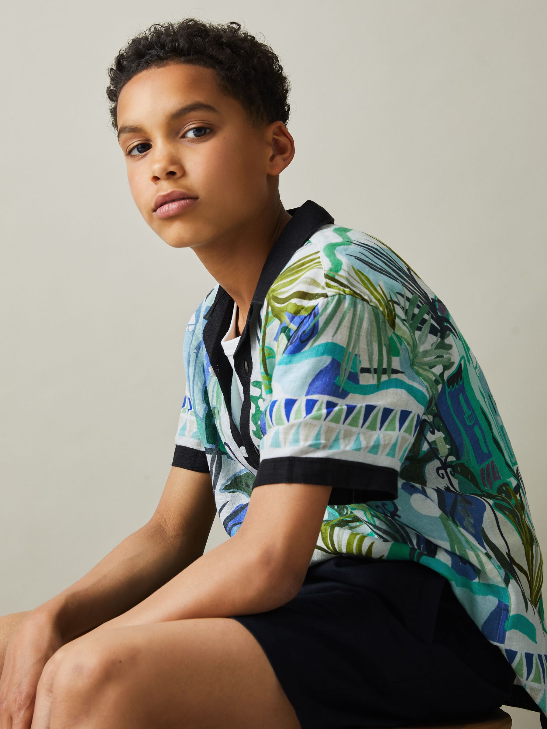 13-14 yrs Printed Cuban Collar Shirt in Blue Multi - Image 3 of 4