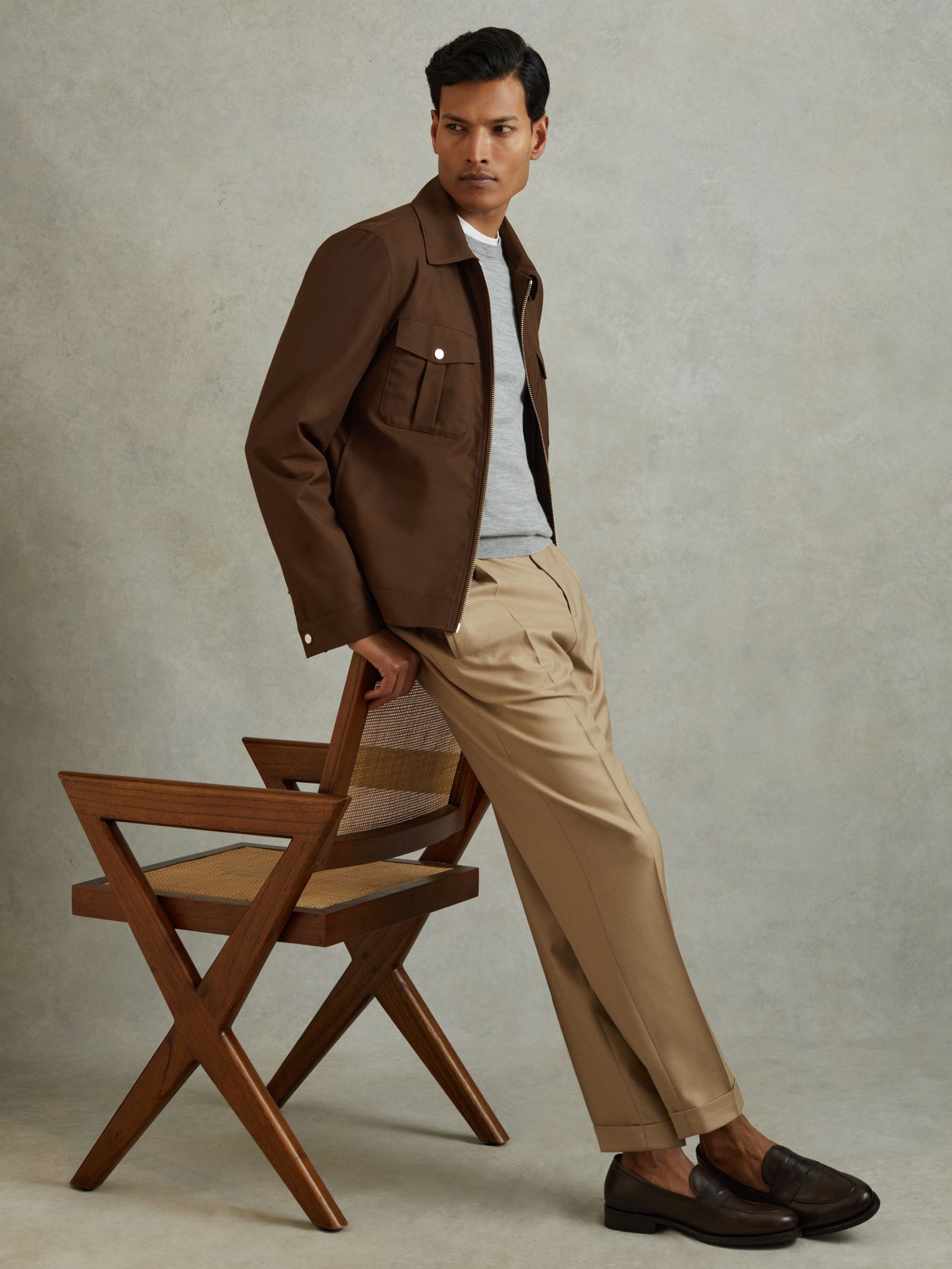 Nylon Zip-Front Jacket in Tobacco Brown - Image 1 of 6 Nylon Zip-Front Jacket in Tobacco Brown - Image 1 of 6