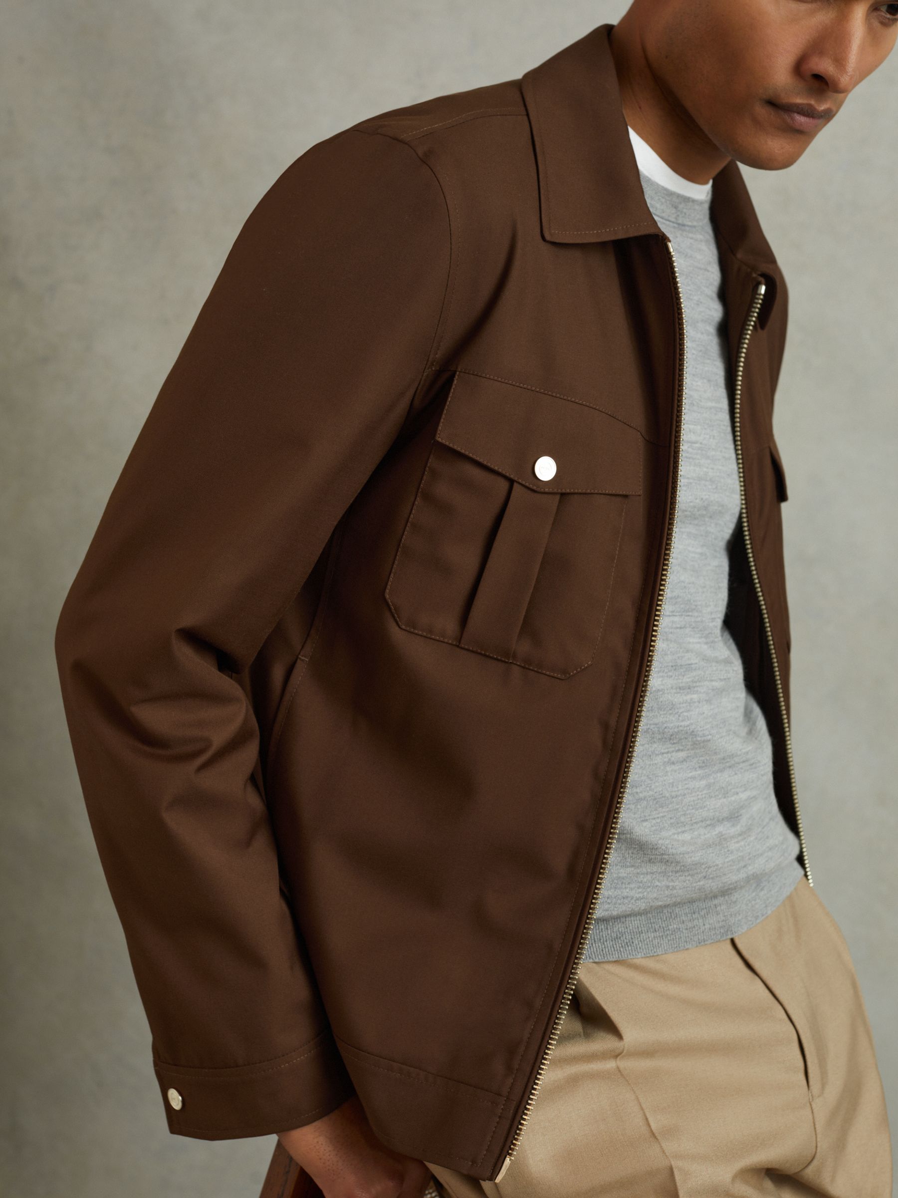 Nylon Zip-Front Jacket in Tobacco Brown - Image 3 of 6