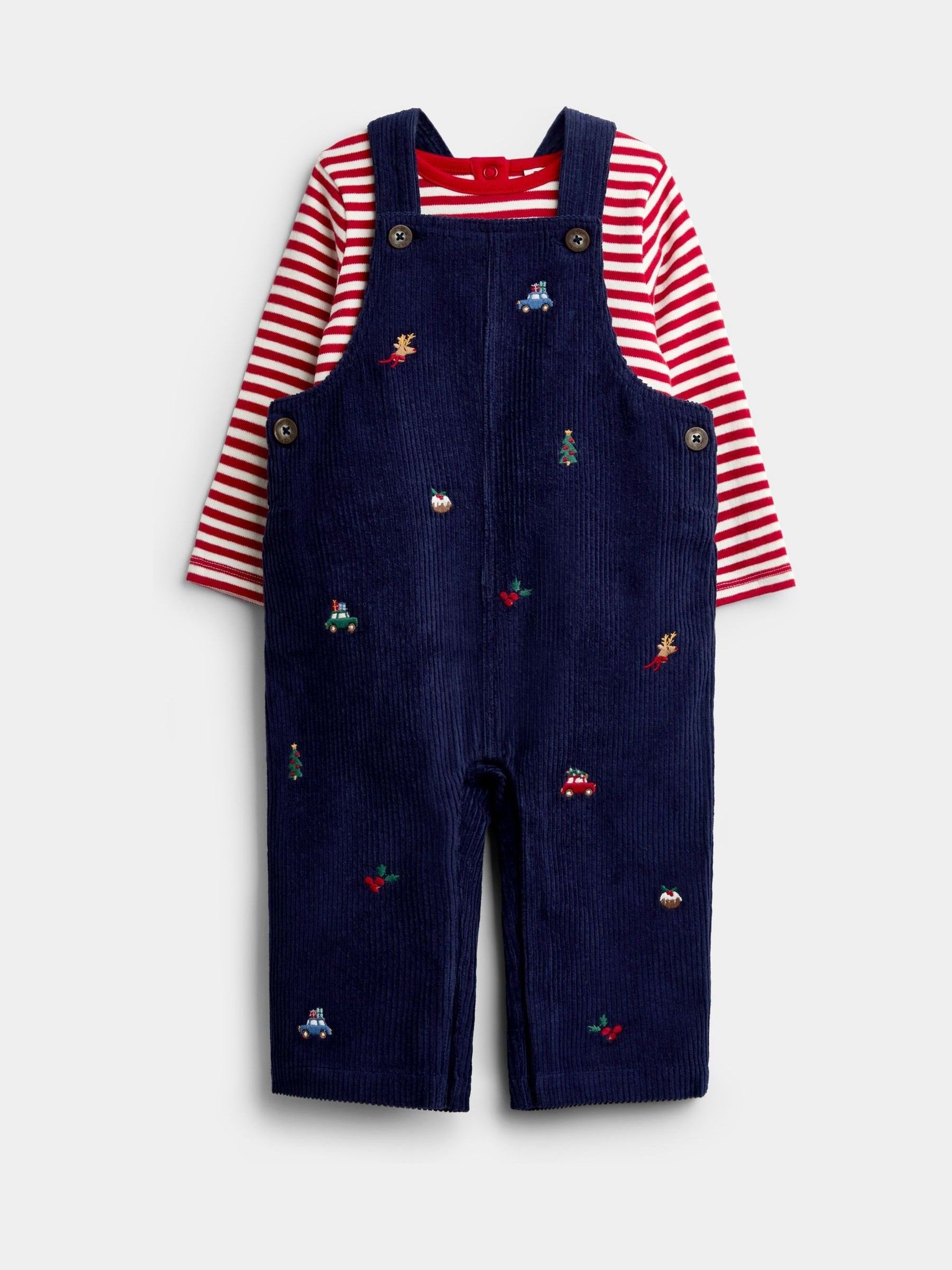 Navy Blue Christmas Embroidered Dungaree & Bodysuit Set - Image 1 of 6 Navy Blue Christmas Embroidered Dungaree & Bodysuit Set - Image 1 of 6