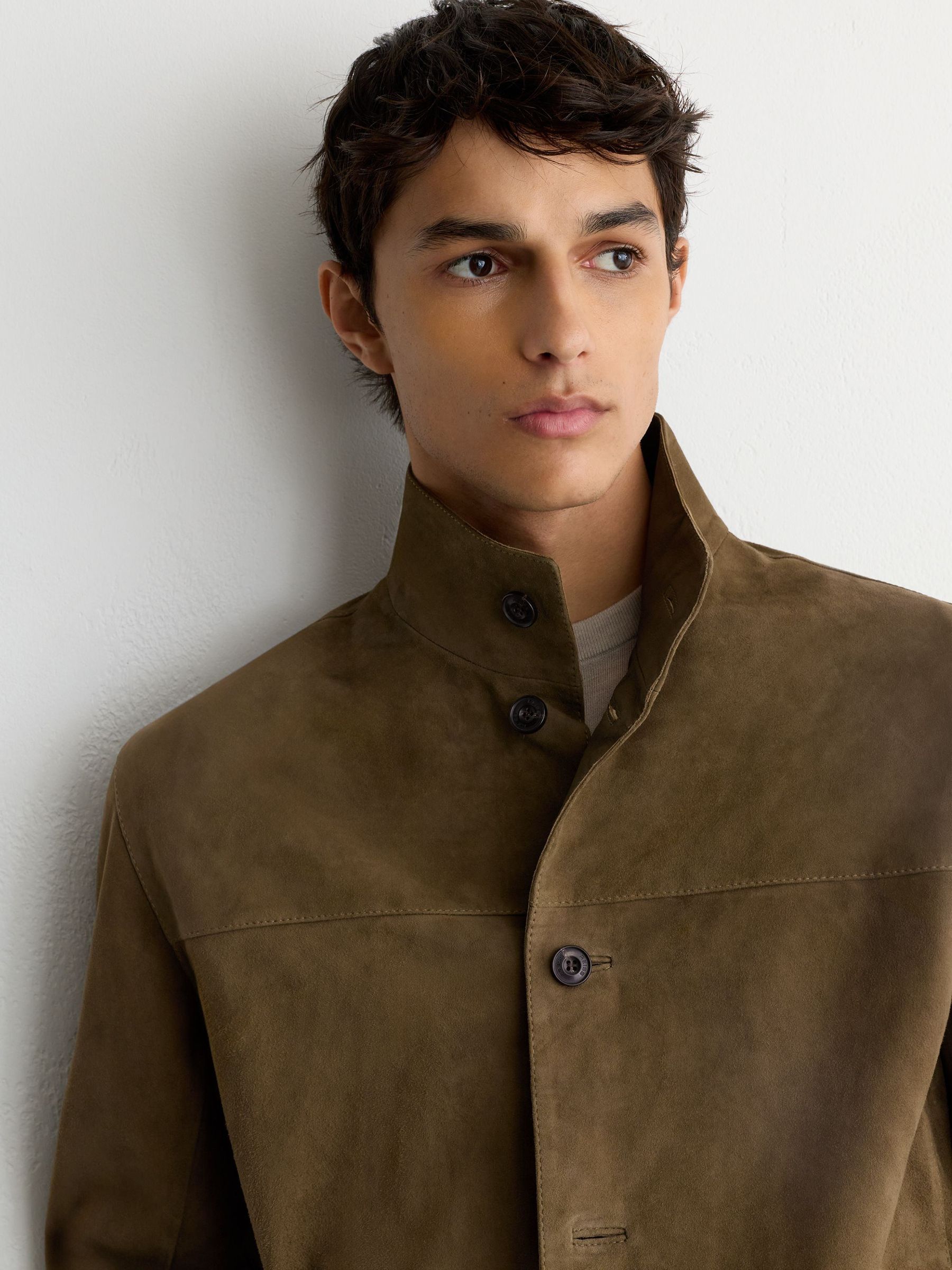 Suede Stand-Collar Button-Through Jacket in Green - Image 1 of 8