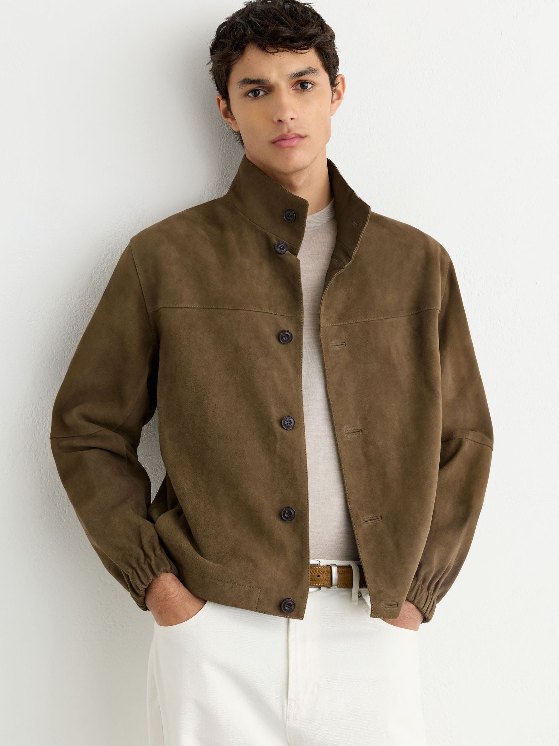 Suede Stand-Collar Button-Through Jacket in Green - Image 3 of 8