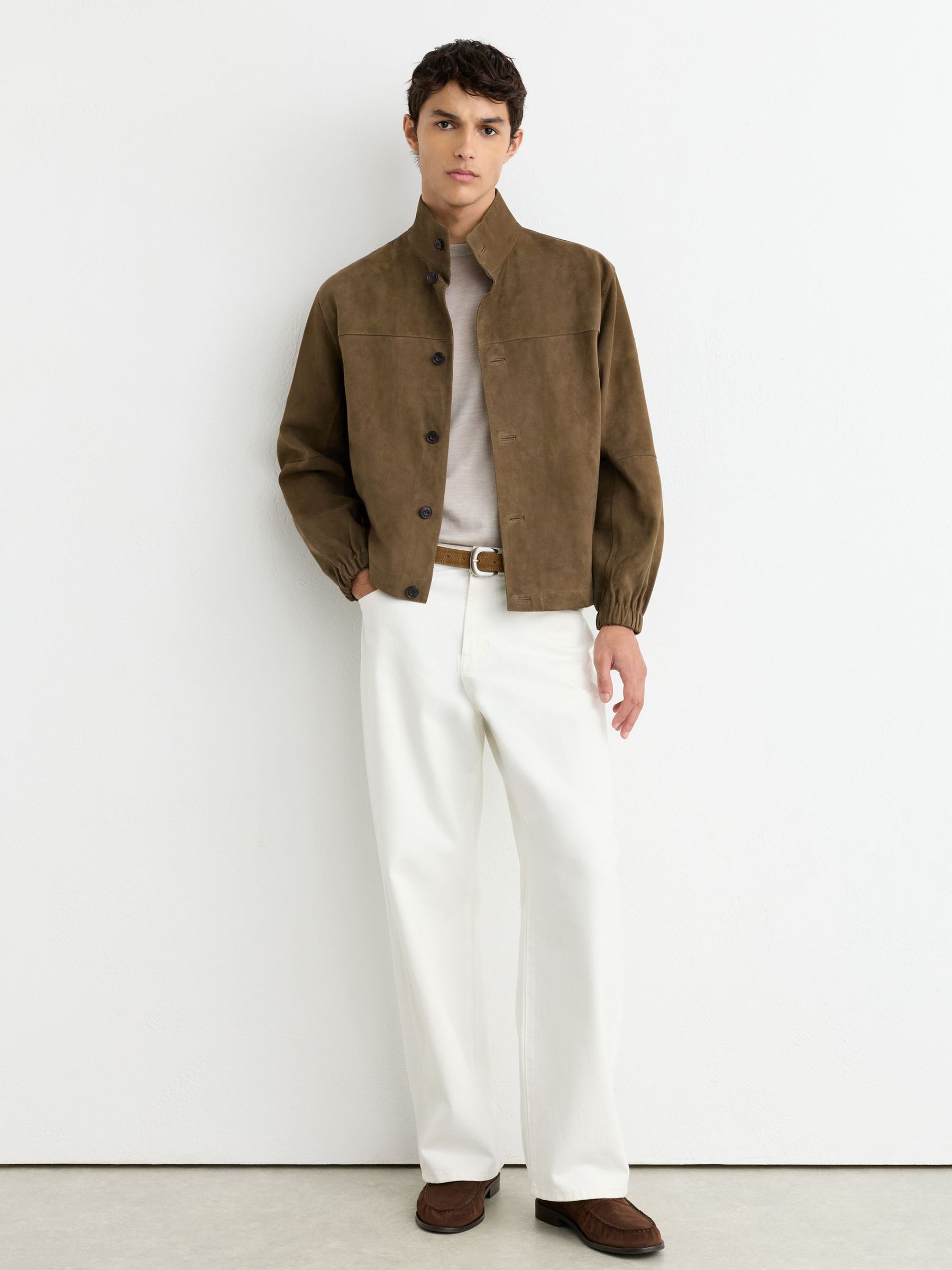 Suede Stand-Collar Button-Through Jacket in Green - Image 4 of 8
