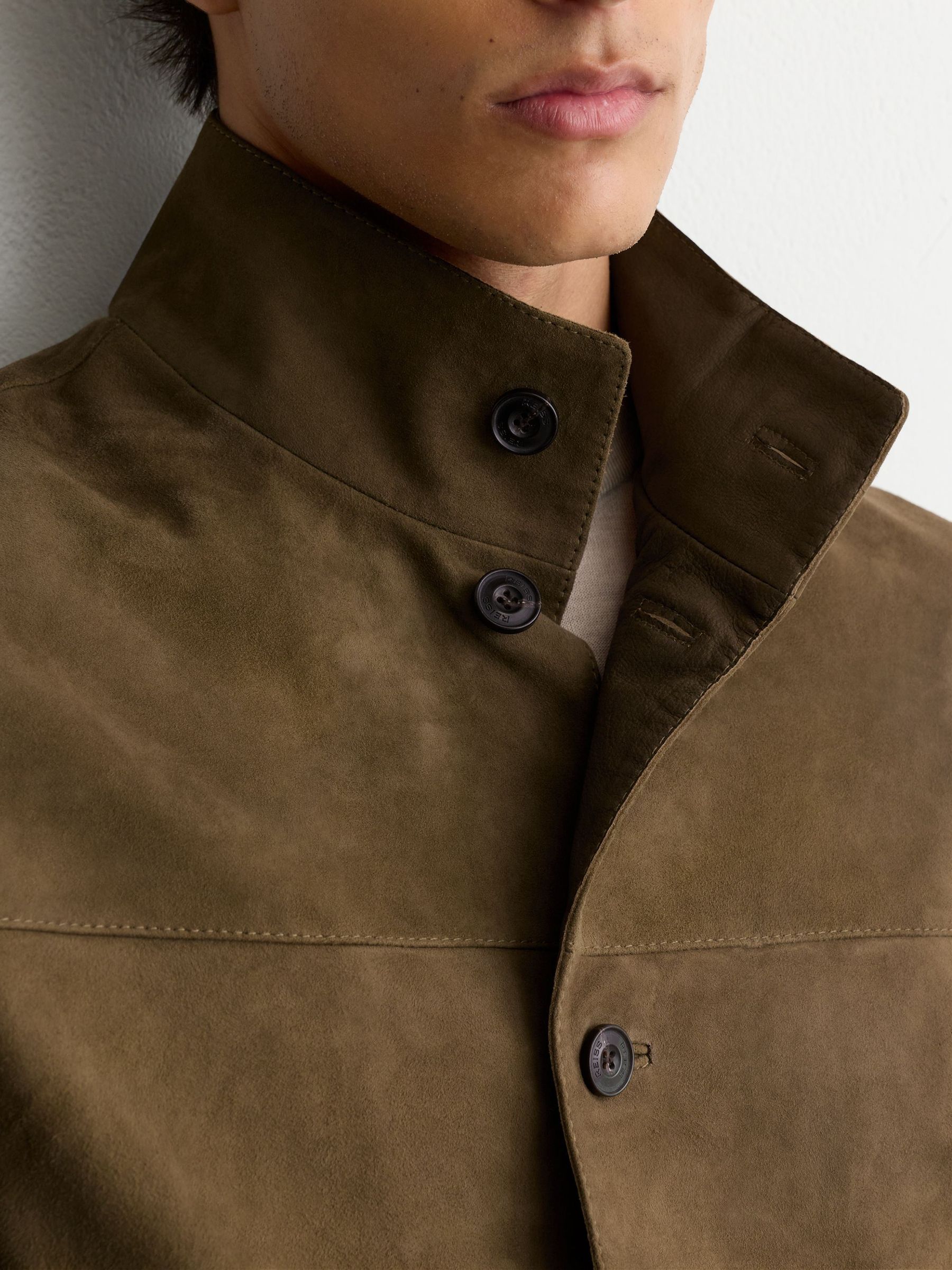 Suede Stand-Collar Button-Through Jacket in Green - Image 5 of 8