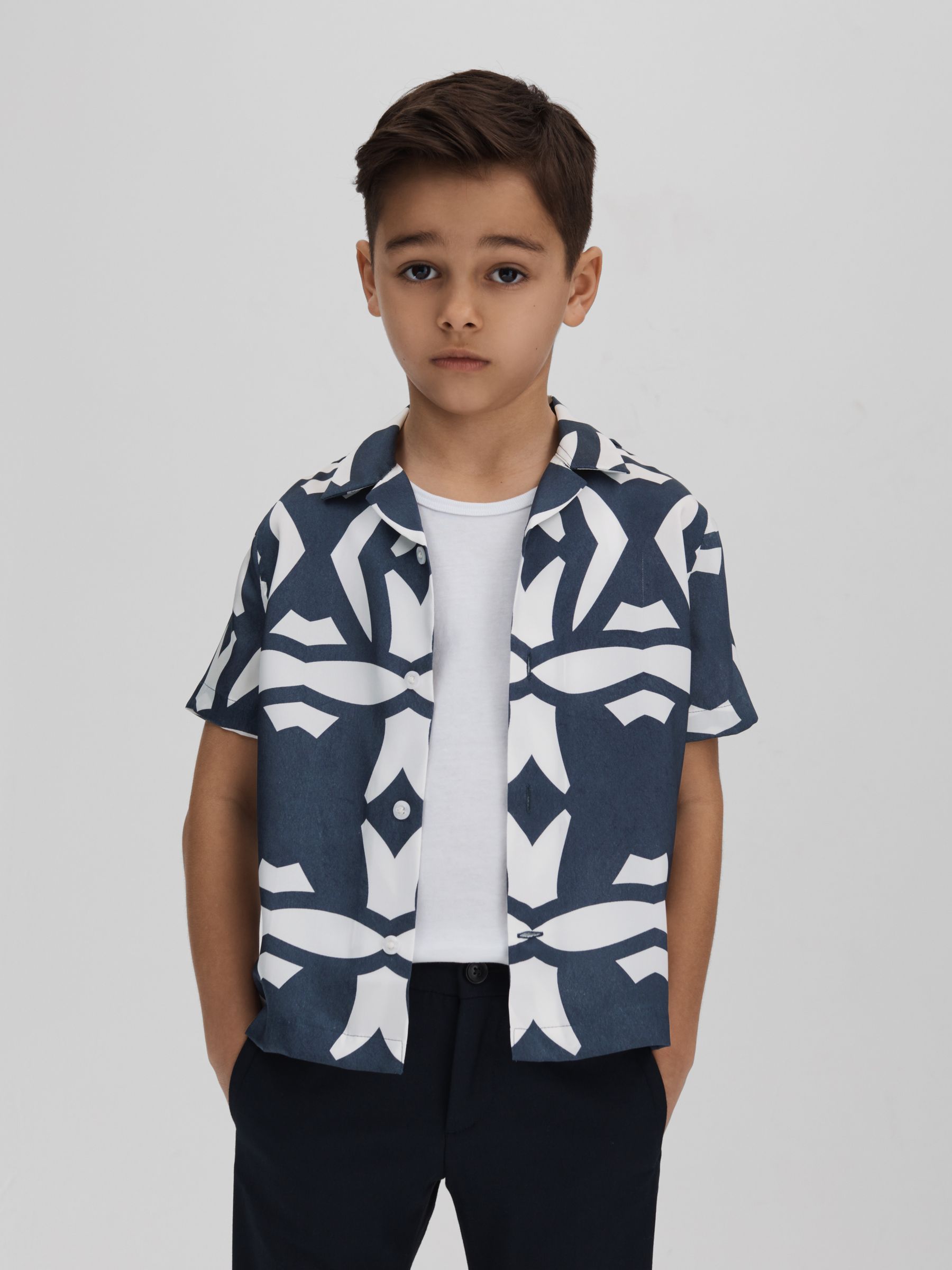 9-13 yrs Printed Cuban Collar Shirt in Airforce Blue/White - Image 1 of 4 9-13 yrs Printed Cuban Collar Shirt in Airforce Blue/White - Image 1 of 4