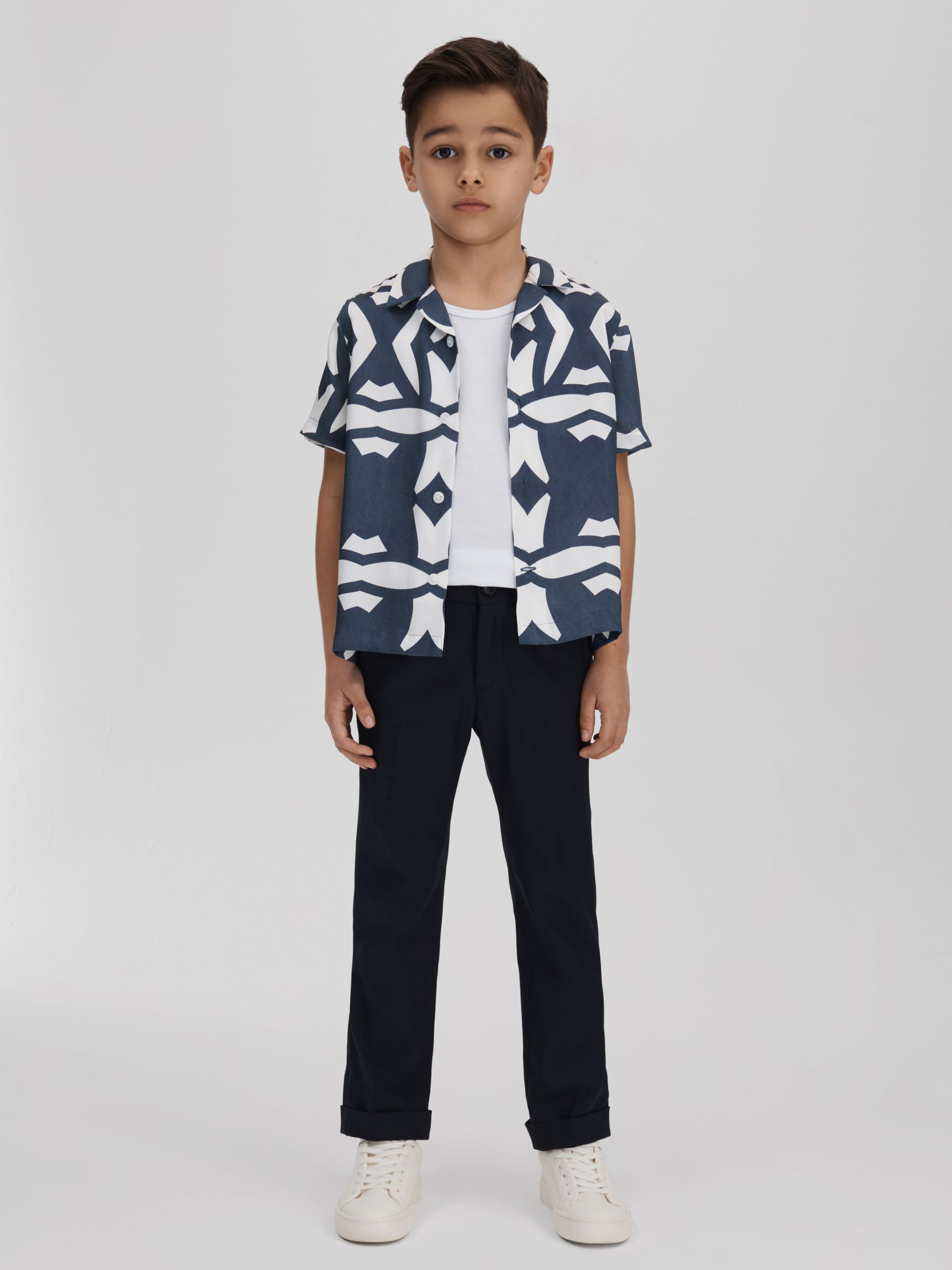 3-9 yrs Printed Cuban Collar Shirt in Airforce Blue/White - Image 1 of 4