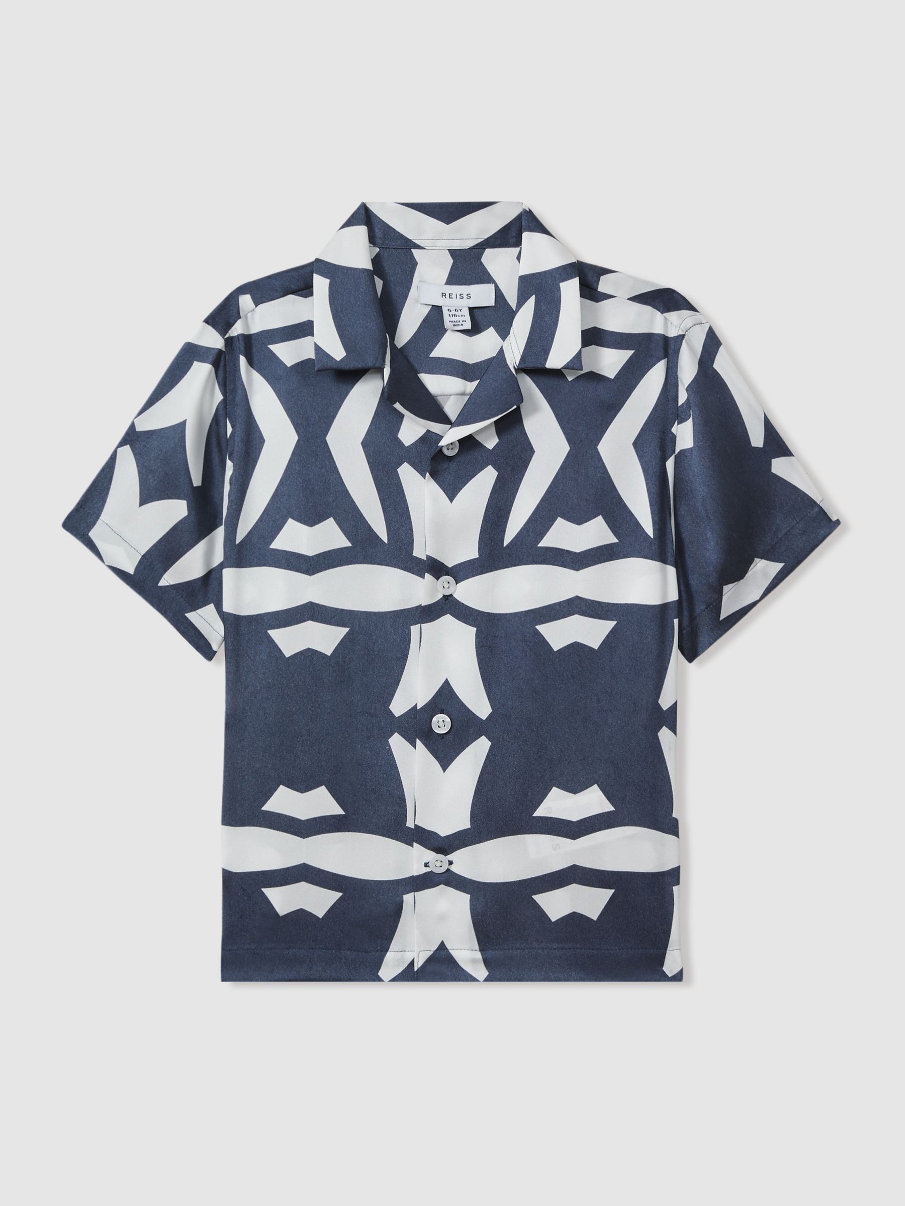 3-9 yrs Printed Cuban Collar Shirt in Airforce Blue/White - Image 2 of 4