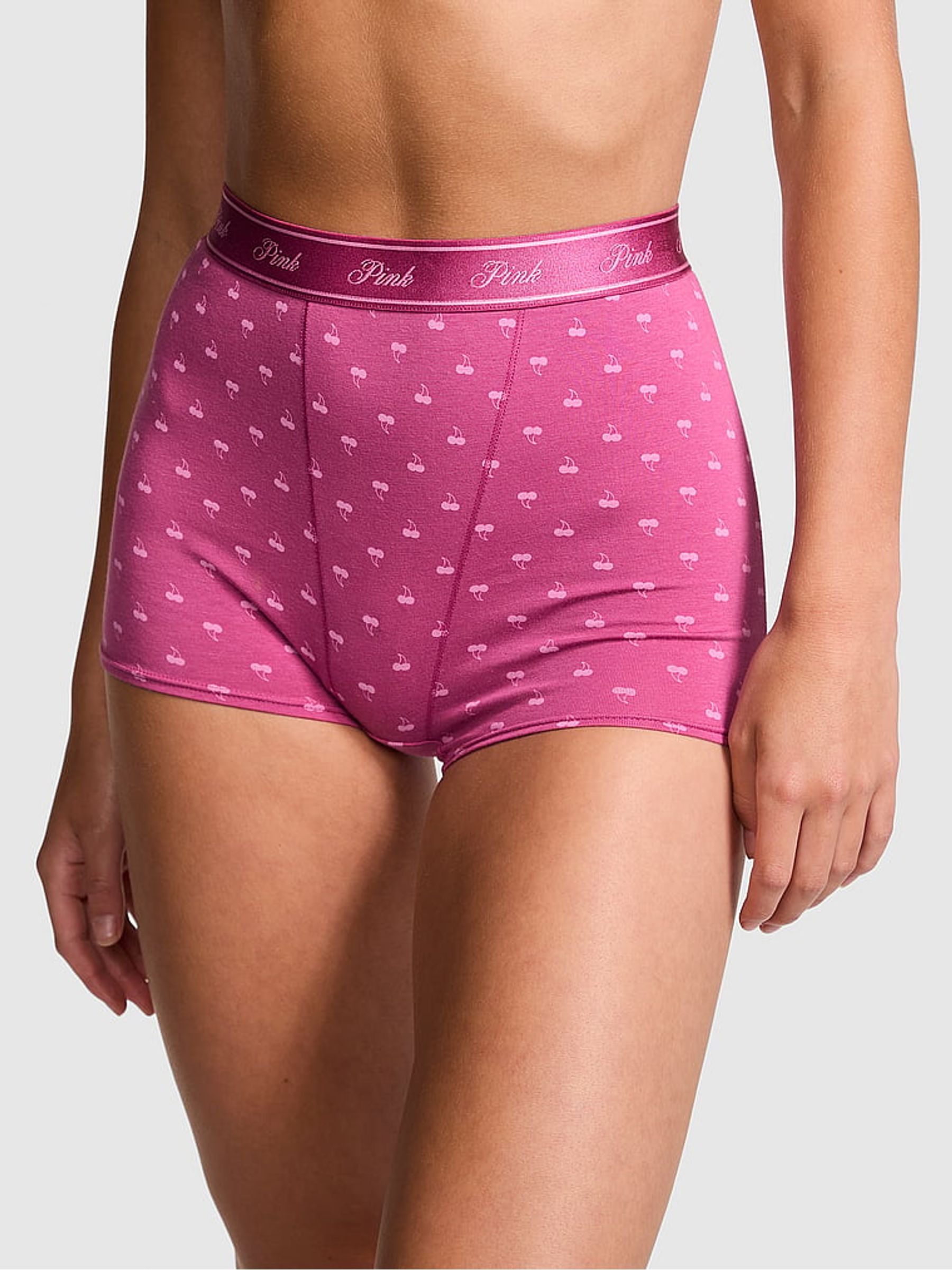 Midnight Mauve Pink Cherries Cotton Logo High Waist Short Knickers - Image 1 of 1