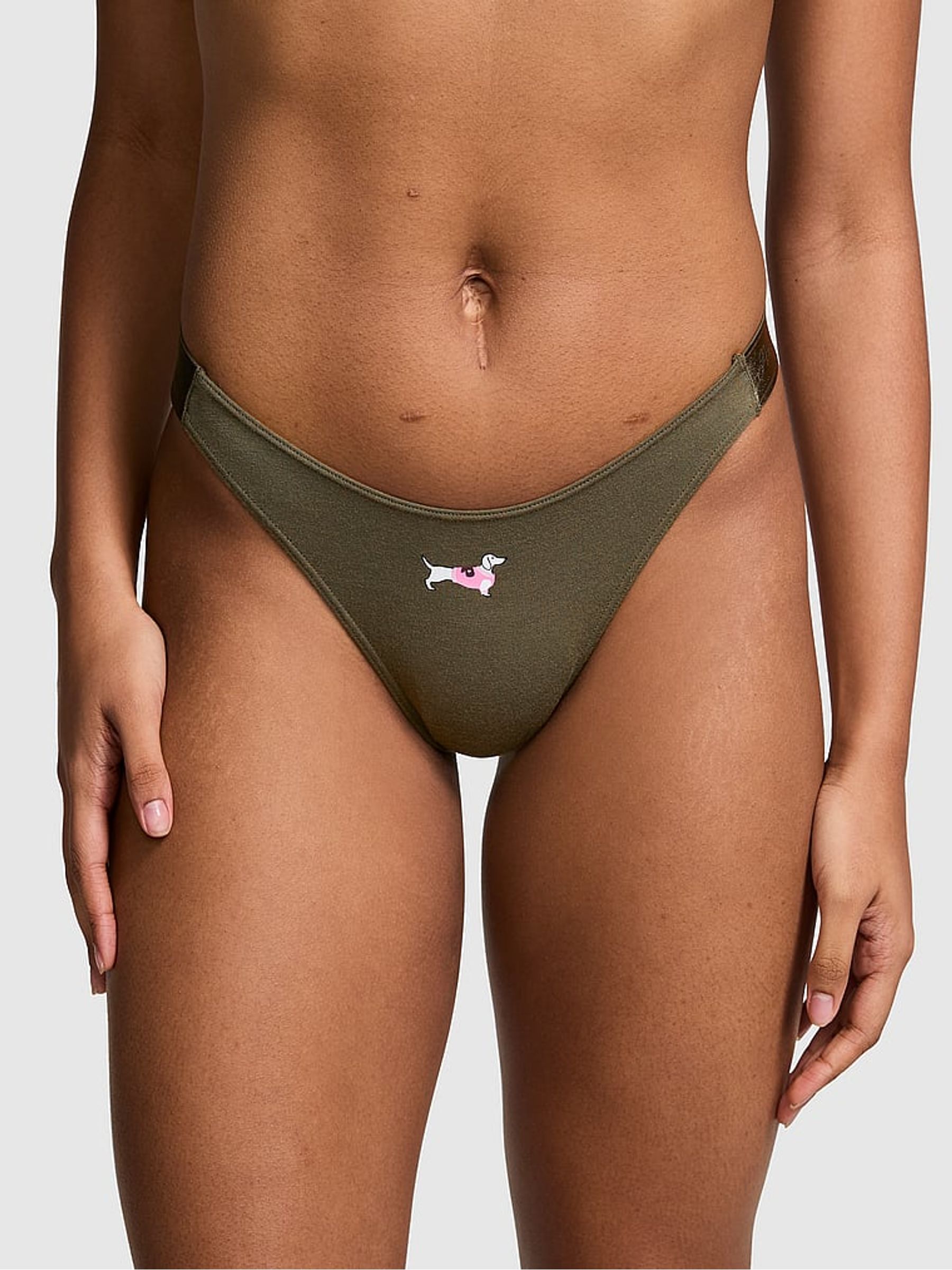 Olive Green Thong Cotton Logo Knickers - Image 1 of 3