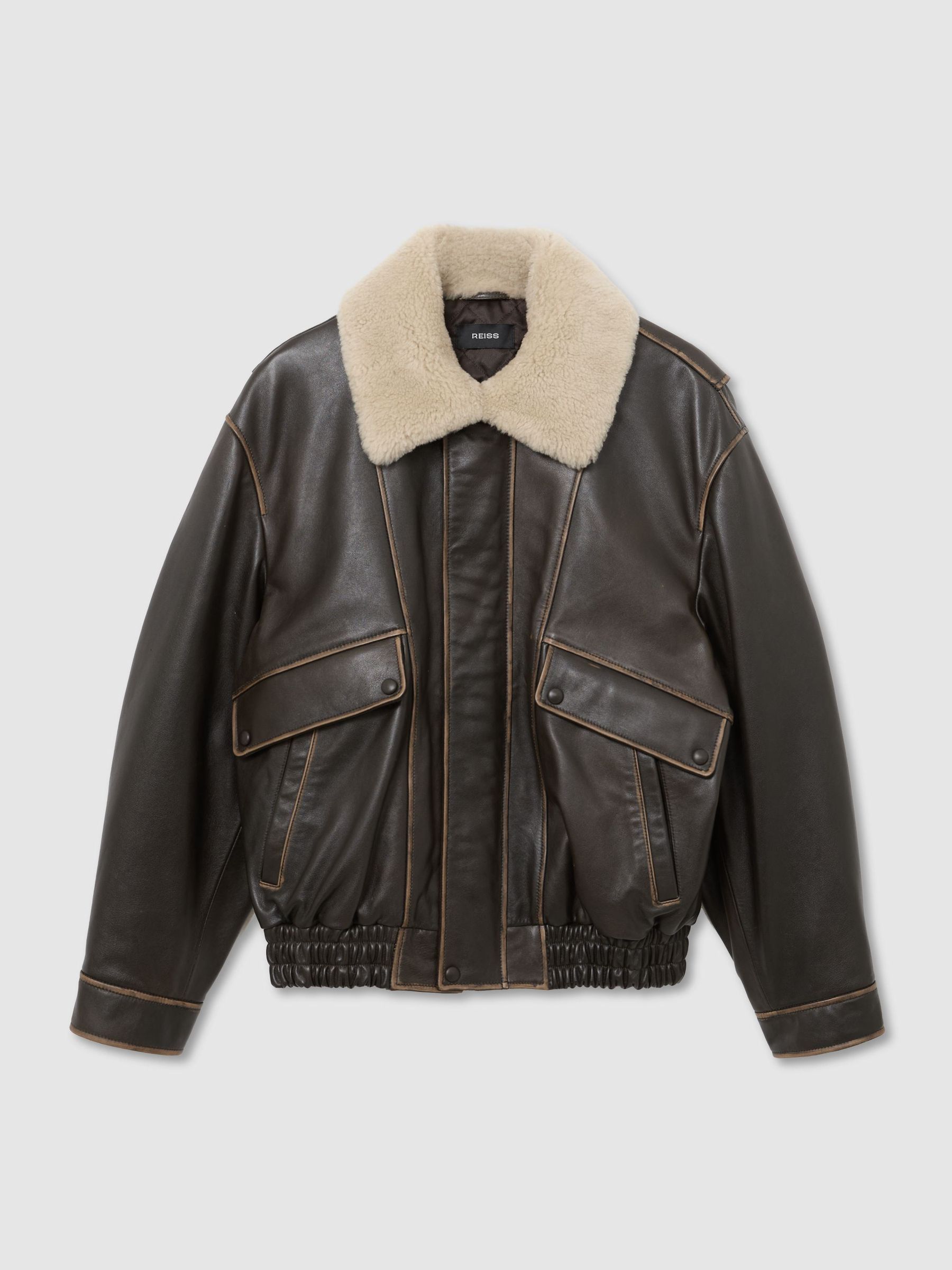 Leather Shearling-Collar Aviator Jacket in Brown - Image 2 of 9