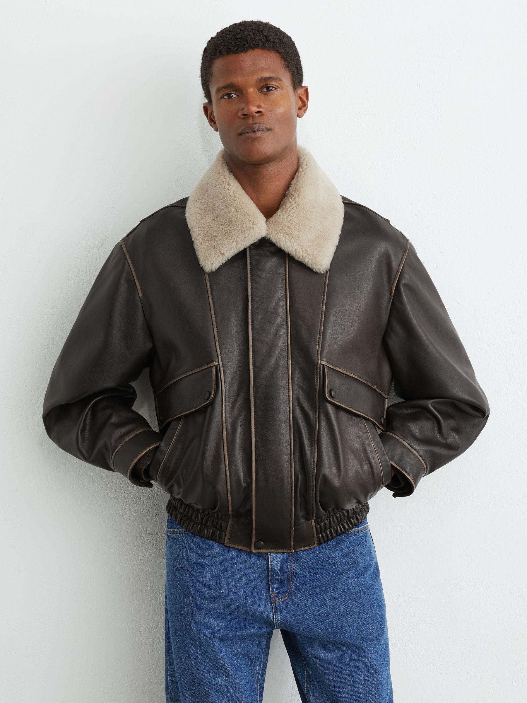 Leather Shearling-Collar Aviator Jacket in Brown - Image 3 of 9