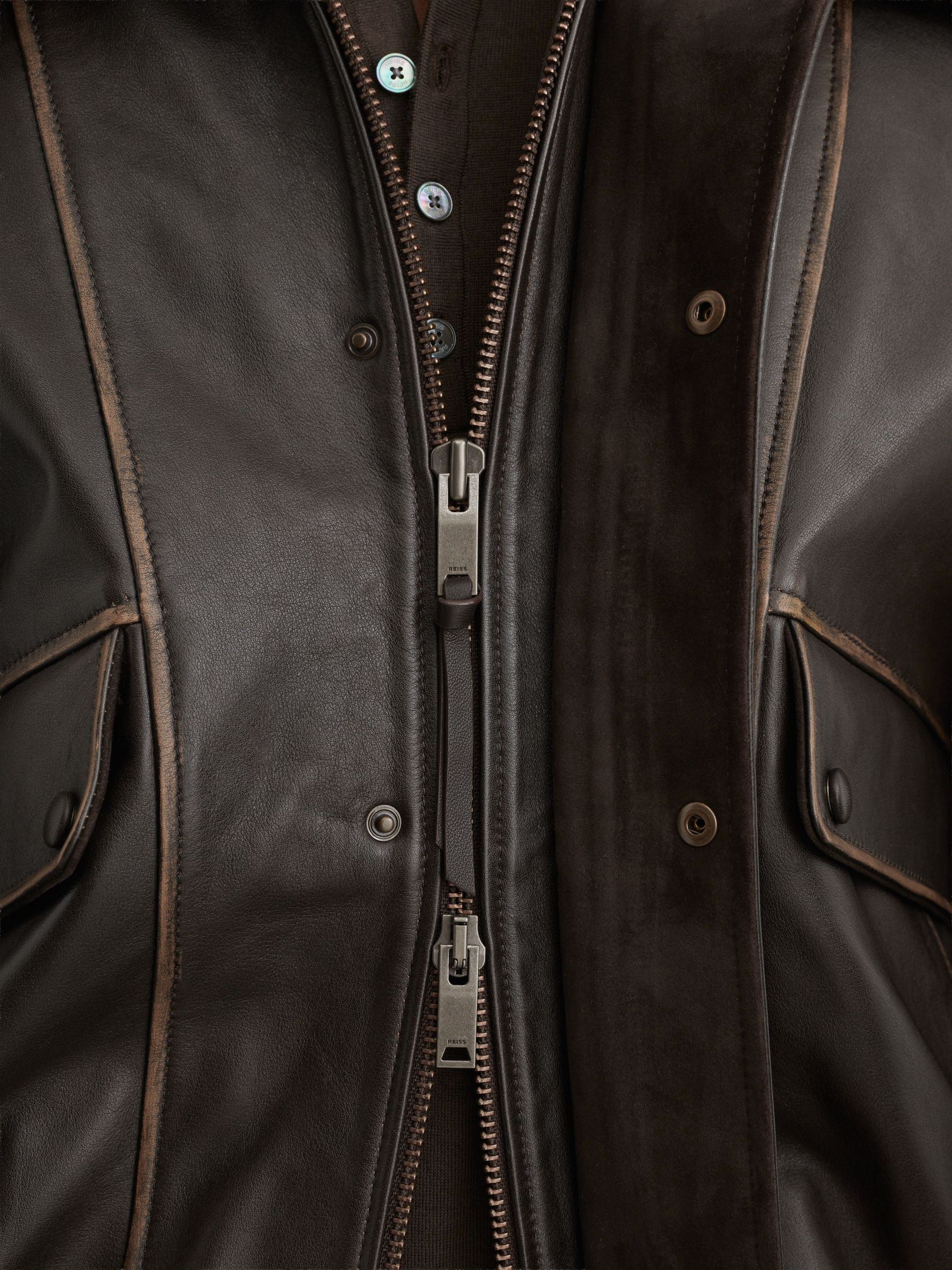 Leather Shearling-Collar Aviator Jacket in Brown - Image 4 of 9