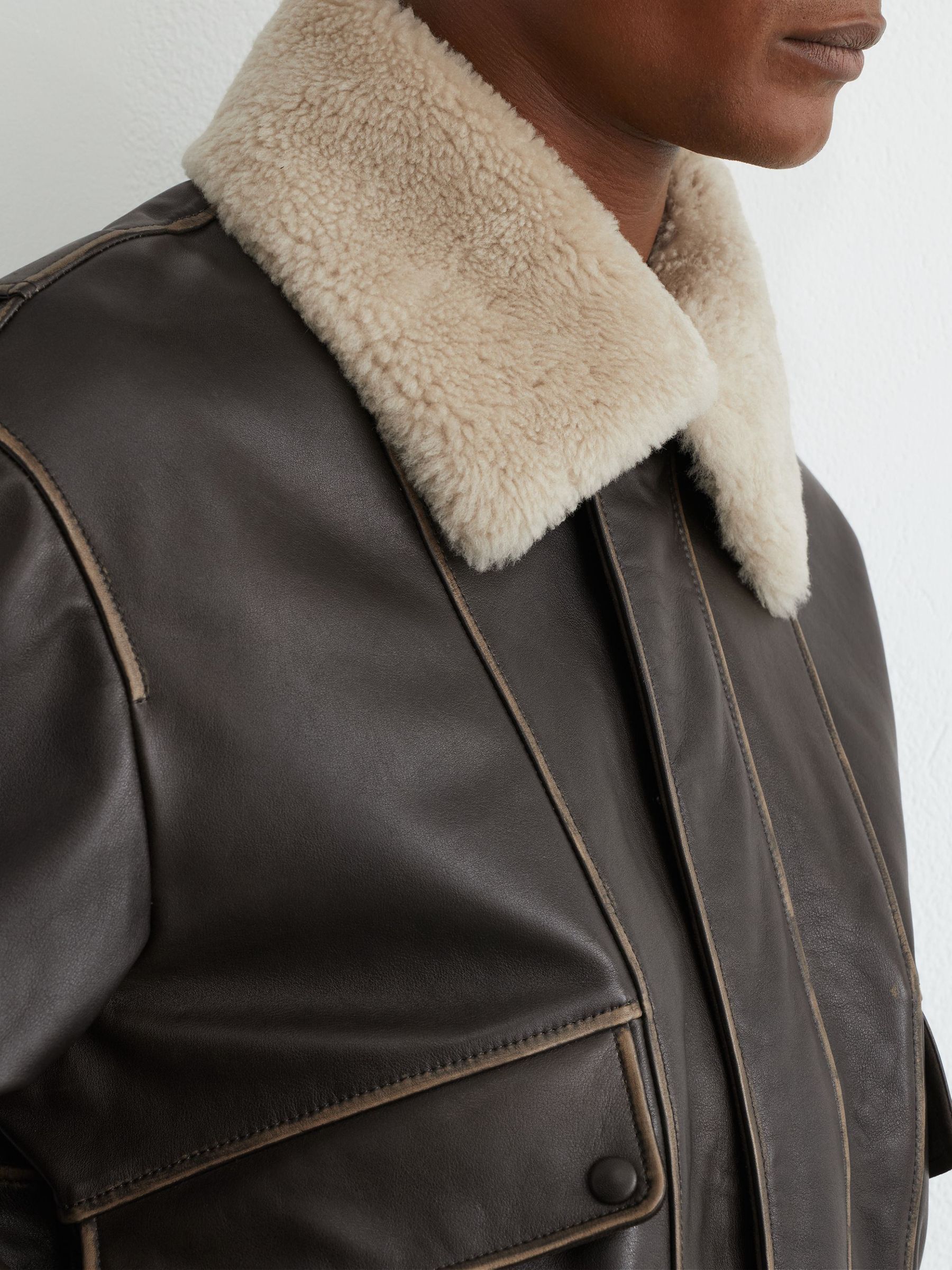 Leather Shearling-Collar Aviator Jacket in Brown - Image 5 of 9