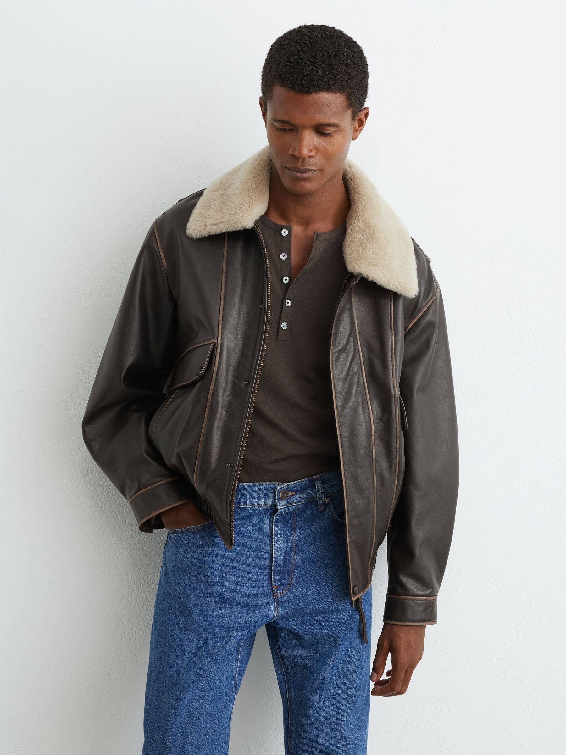 Leather Shearling-Collar Aviator Jacket in Brown - Image 6 of 9