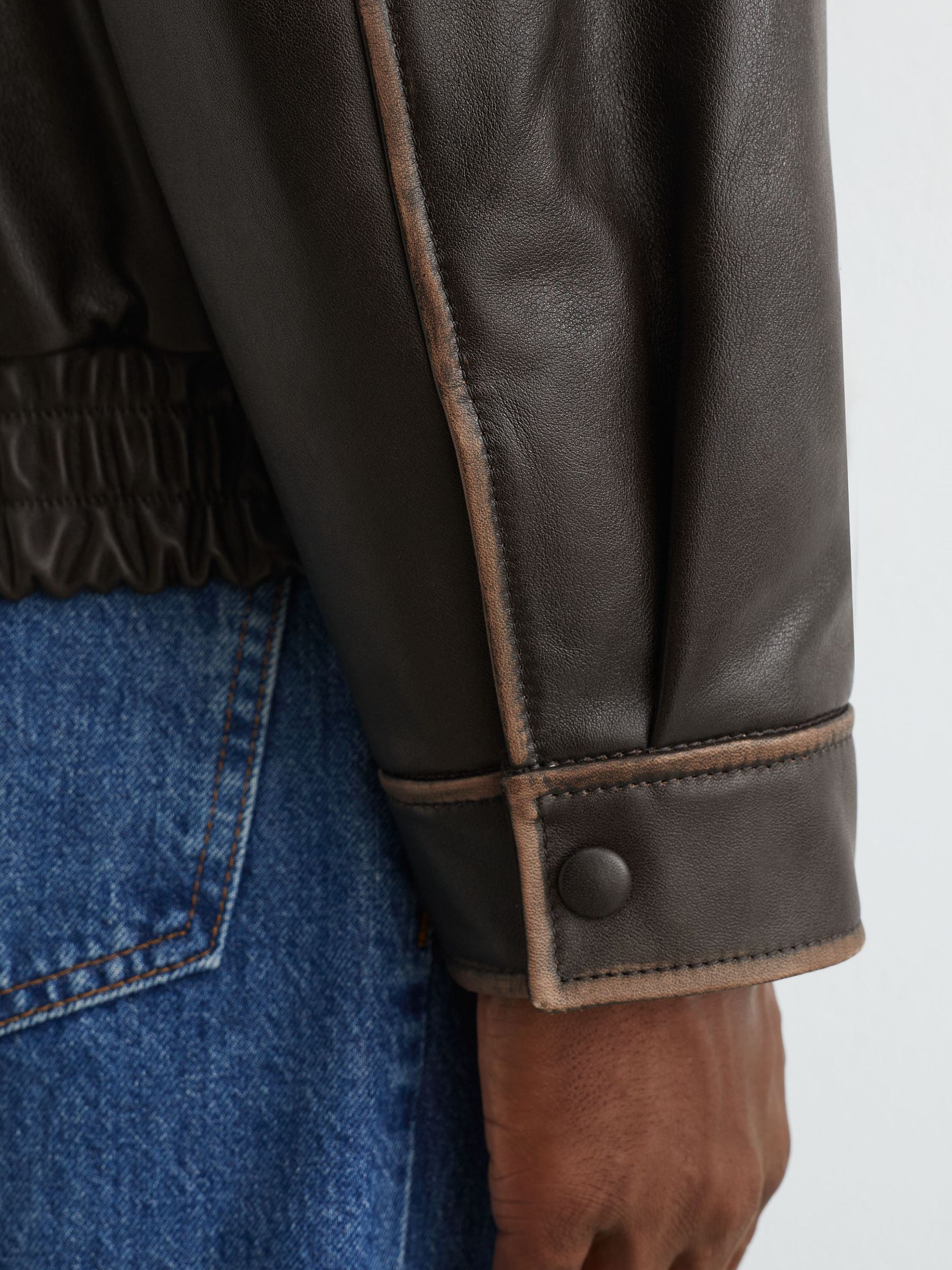 Leather Shearling-Collar Aviator Jacket in Brown - Image 7 of 9