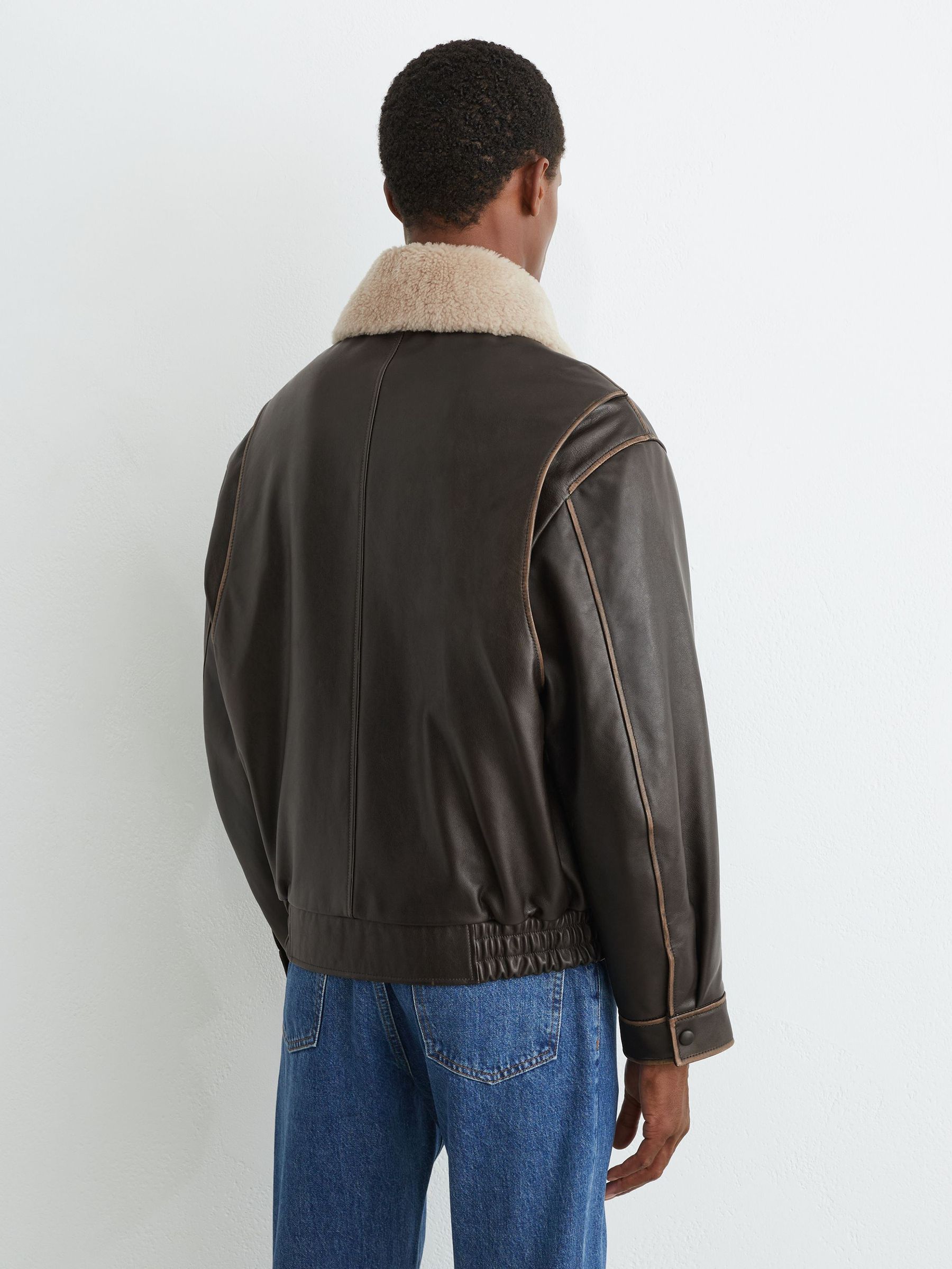 Leather Shearling-Collar Aviator Jacket in Brown - Image 8 of 9
