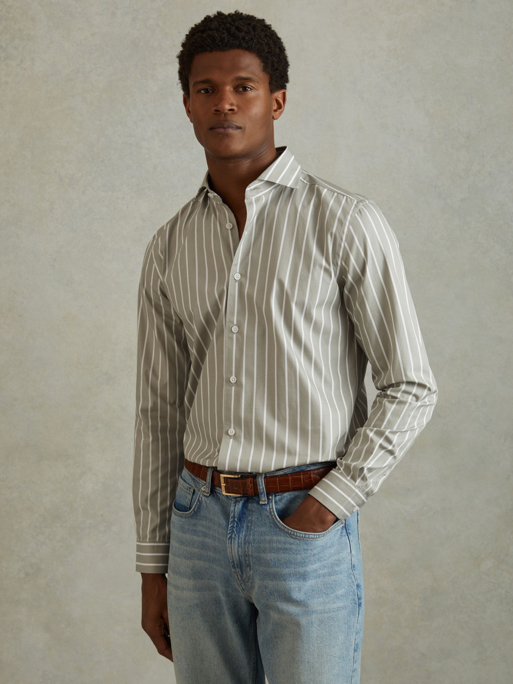 Cotton Striped Cutaway Collar Shirt in Sage/White - Image 1 of 6