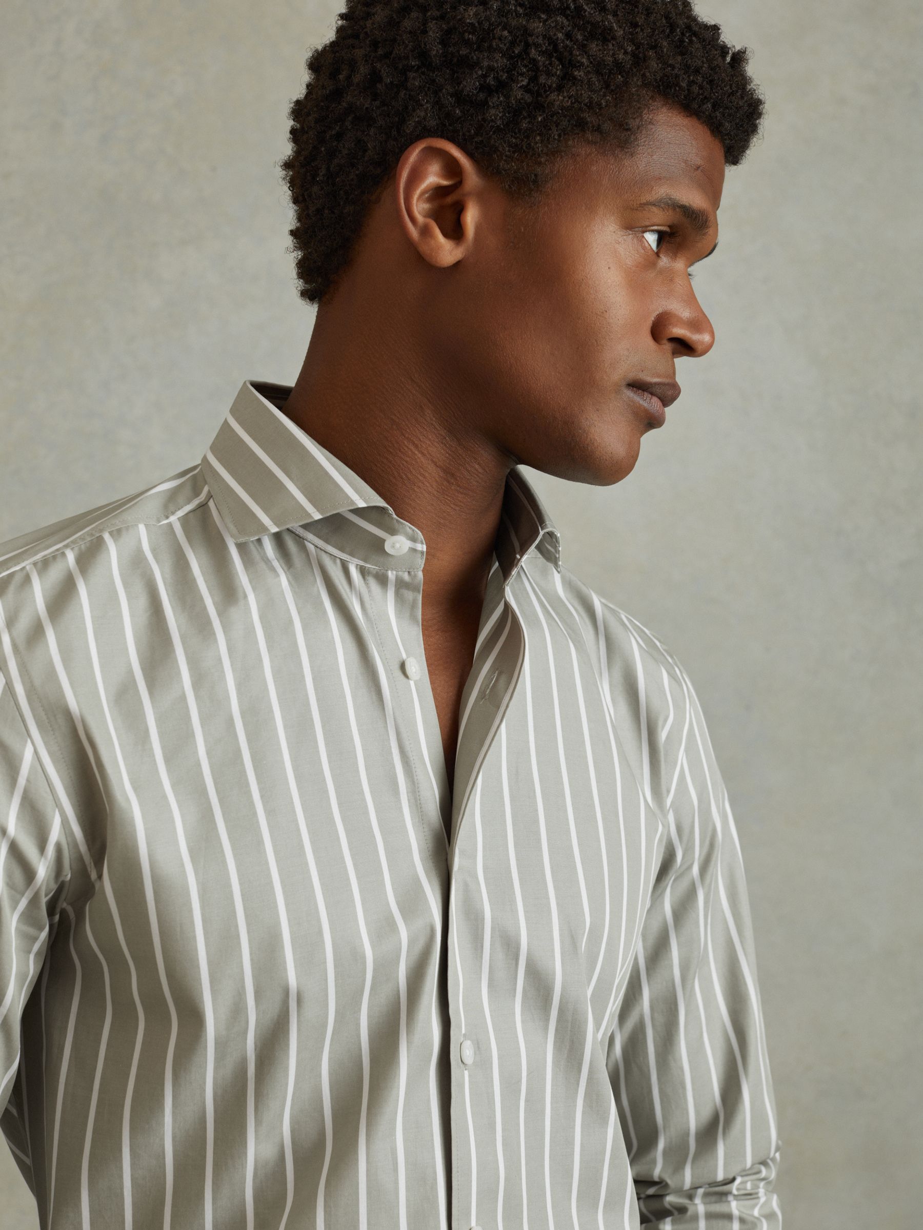 Cotton Striped Cutaway Collar Shirt in Sage/White - Image 4 of 6