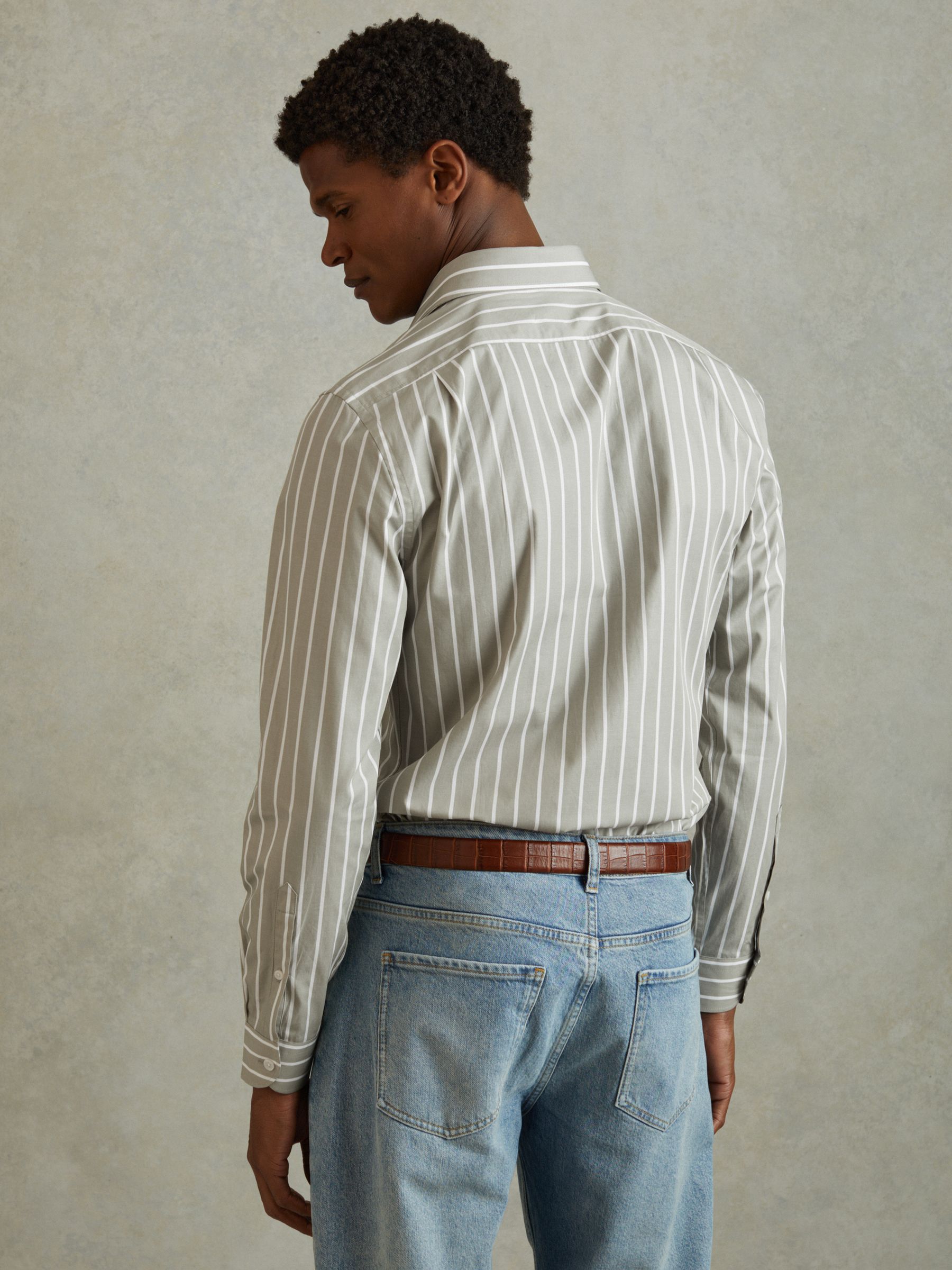 Cotton Striped Cutaway Collar Shirt in Sage/White - Image 5 of 6