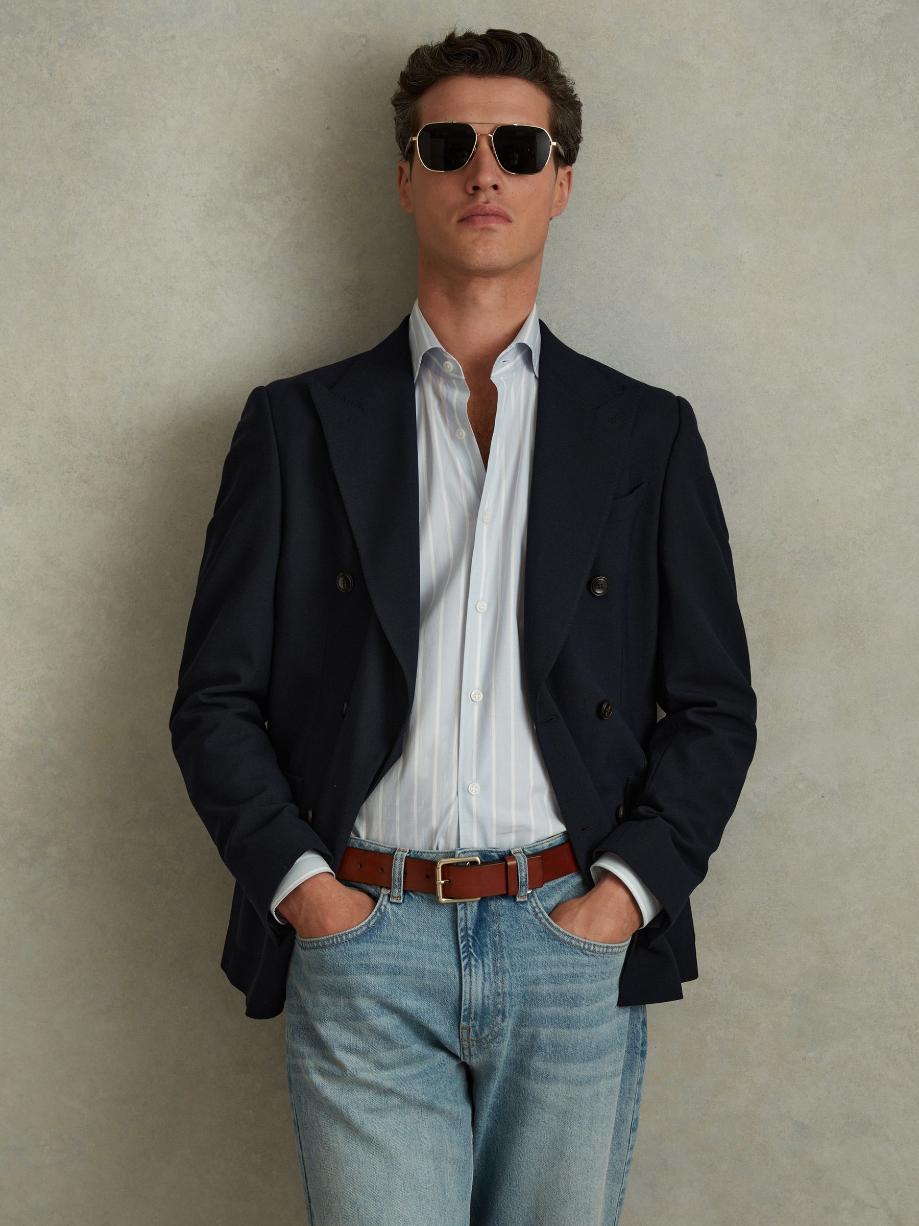 Cotton Striped Cutaway Collar Shirt in Blue/White - Image 1 of 6