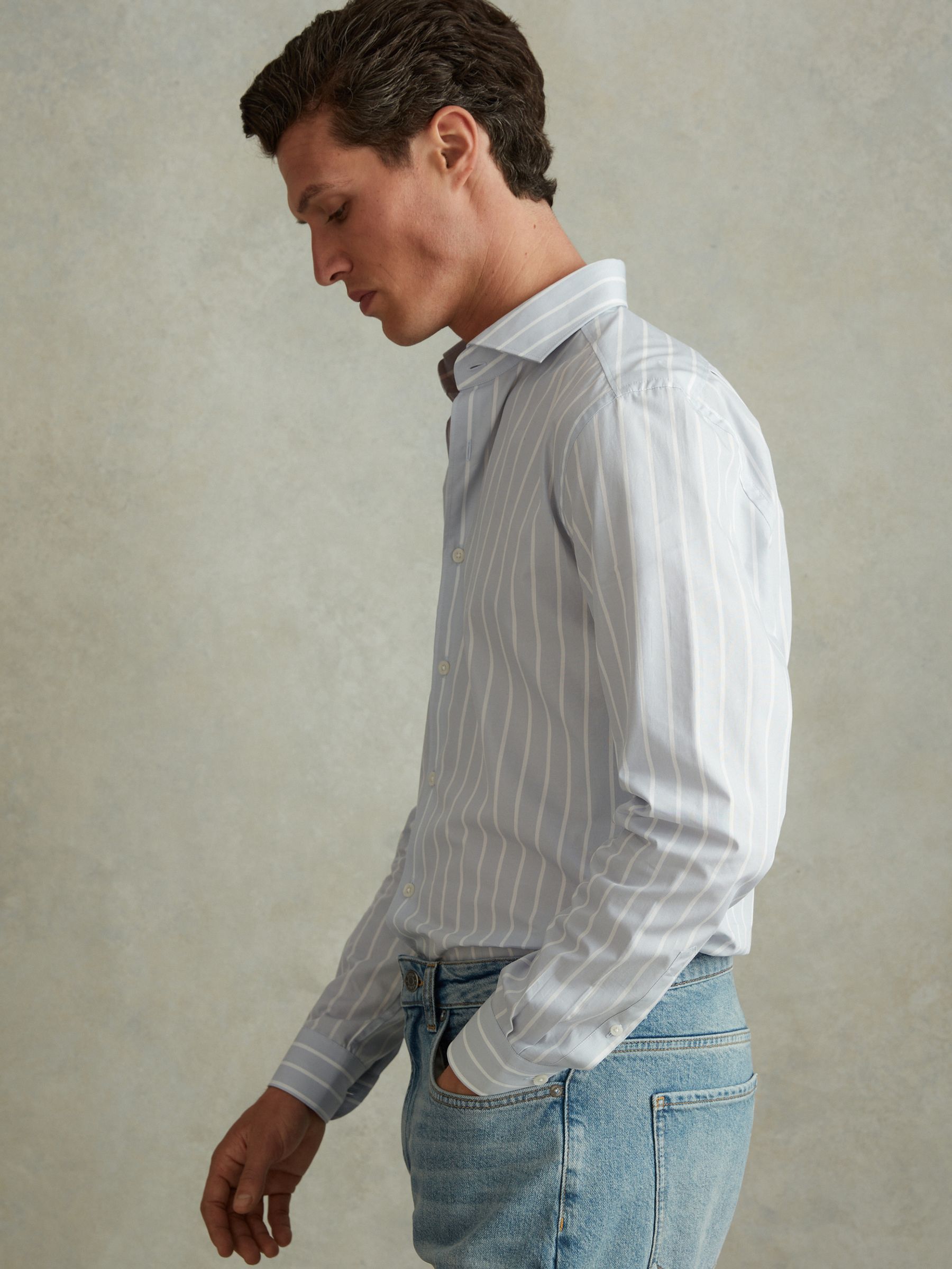 Cotton Striped Cutaway Collar Shirt in Blue/White - Image 3 of 6