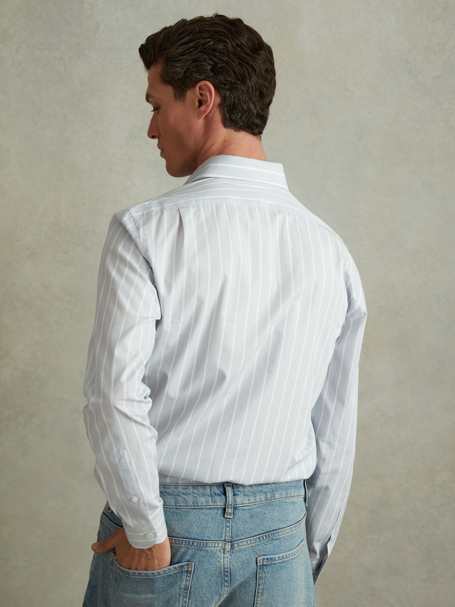 Cotton Striped Cutaway Collar Shirt in Blue/White - Image 5 of 6