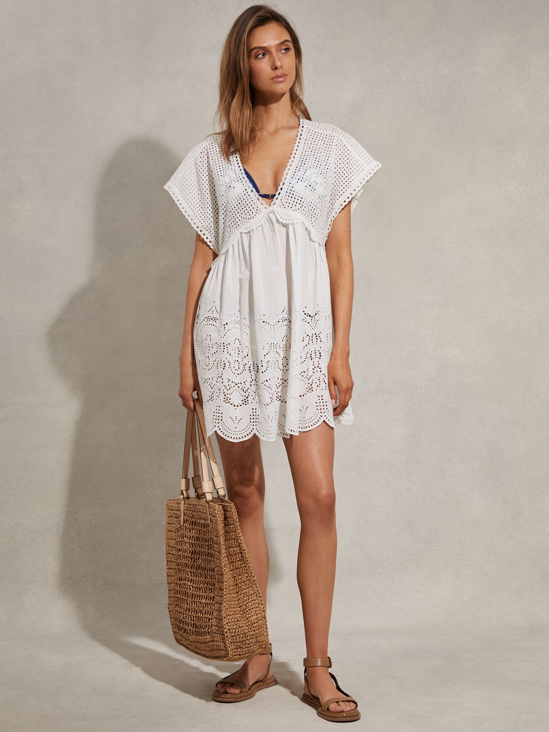 Broderie Mini Length Kaftan in White - Image 3 of 6