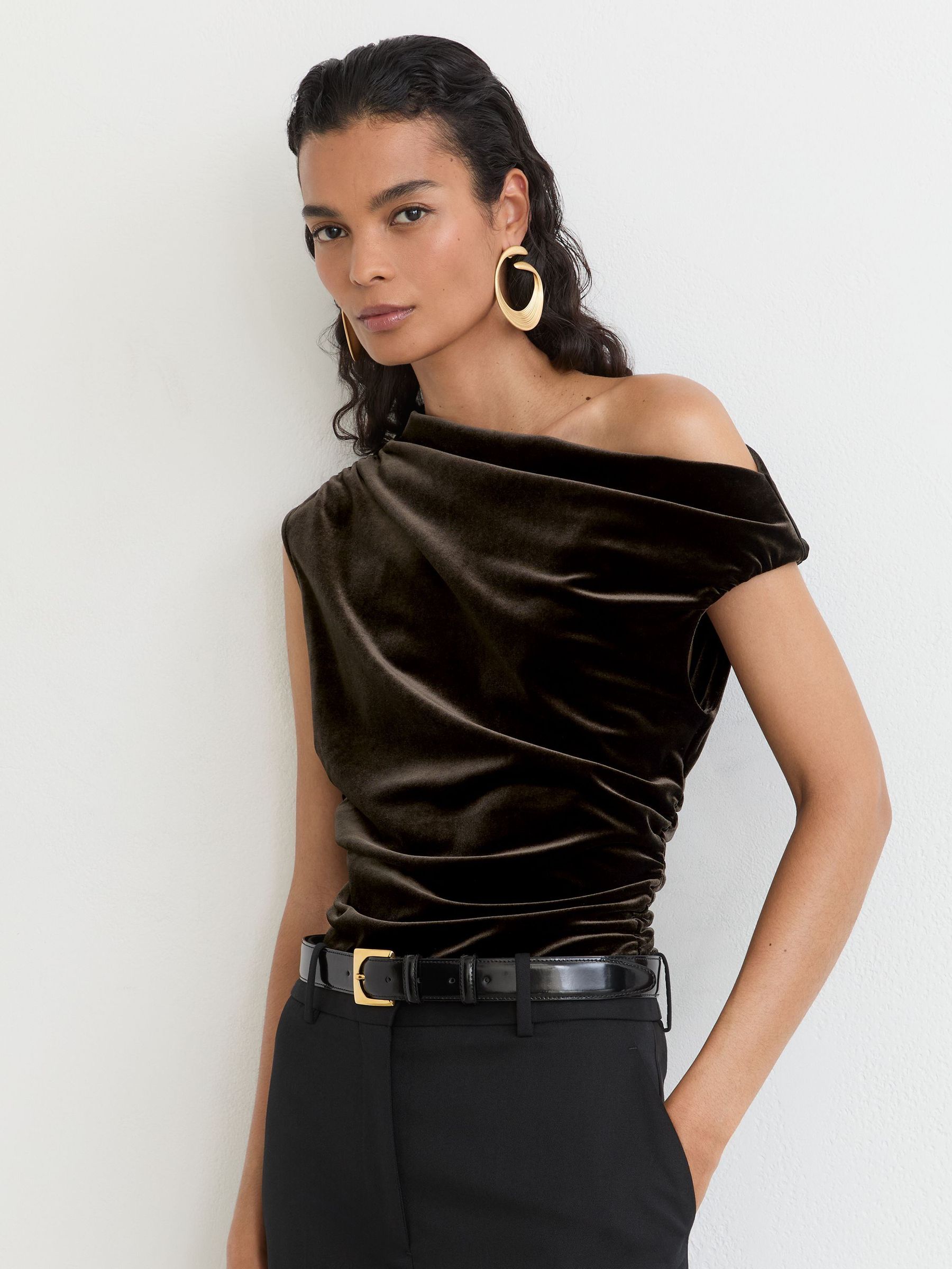 Velvet Off-Shoulder Top in Olive Green - Image 1 of 6 Velvet Off-Shoulder Top in Olive Green - Image 1 of 6