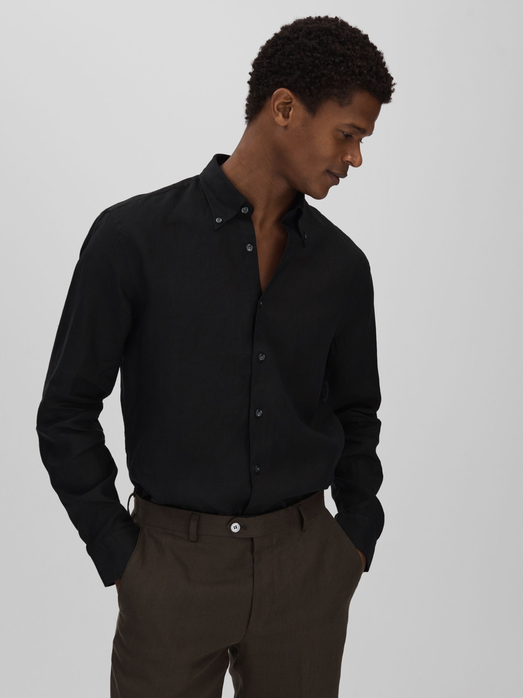 Oscar Jacobson Linen Button Down Collar Shirt in Black - Image 1 of 5