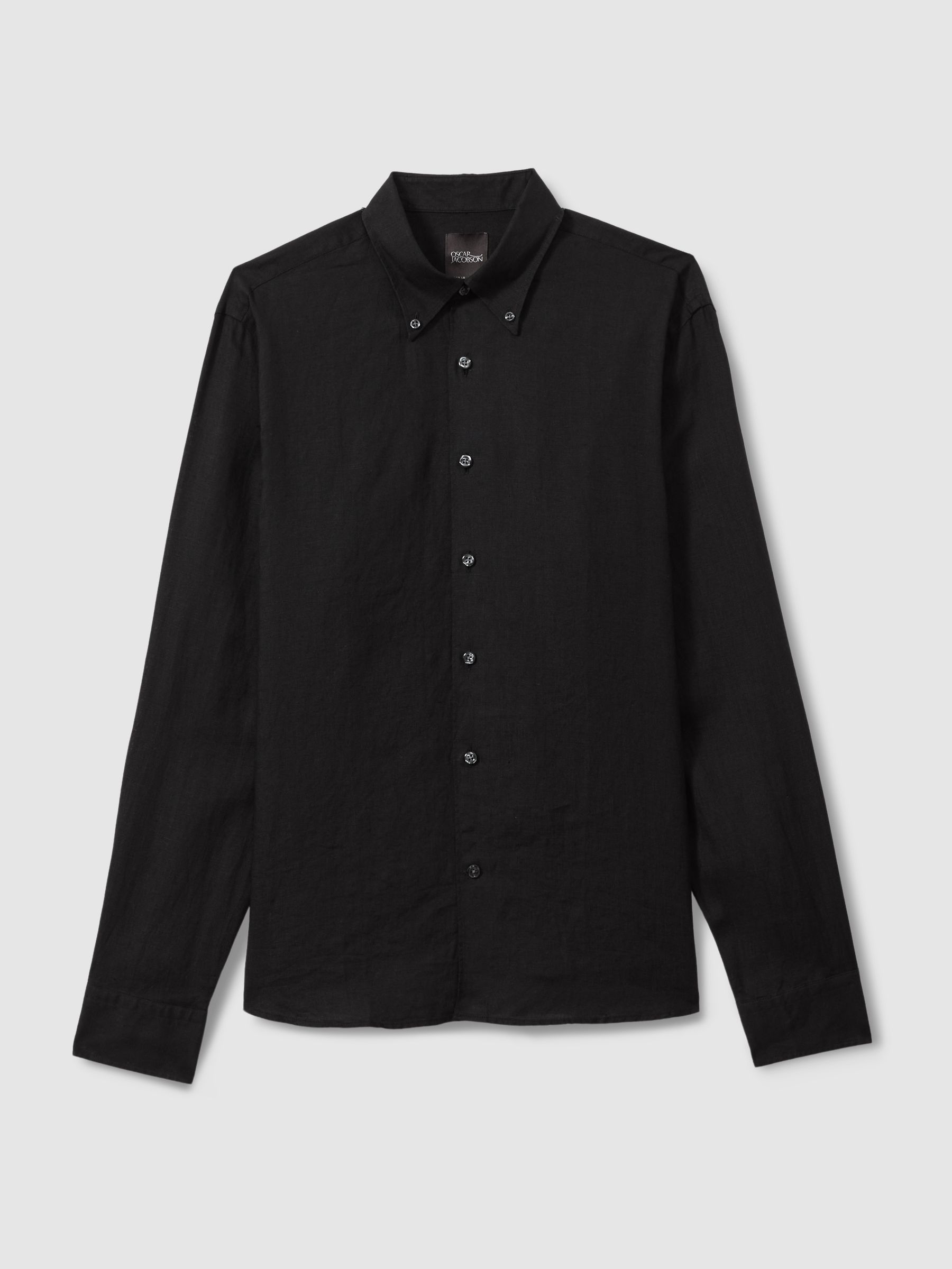Oscar Jacobson Linen Button Down Collar Shirt in Black - Image 2 of 5 Oscar Jacobson Linen Button Down Collar Shirt in Black - Image 2 of 5