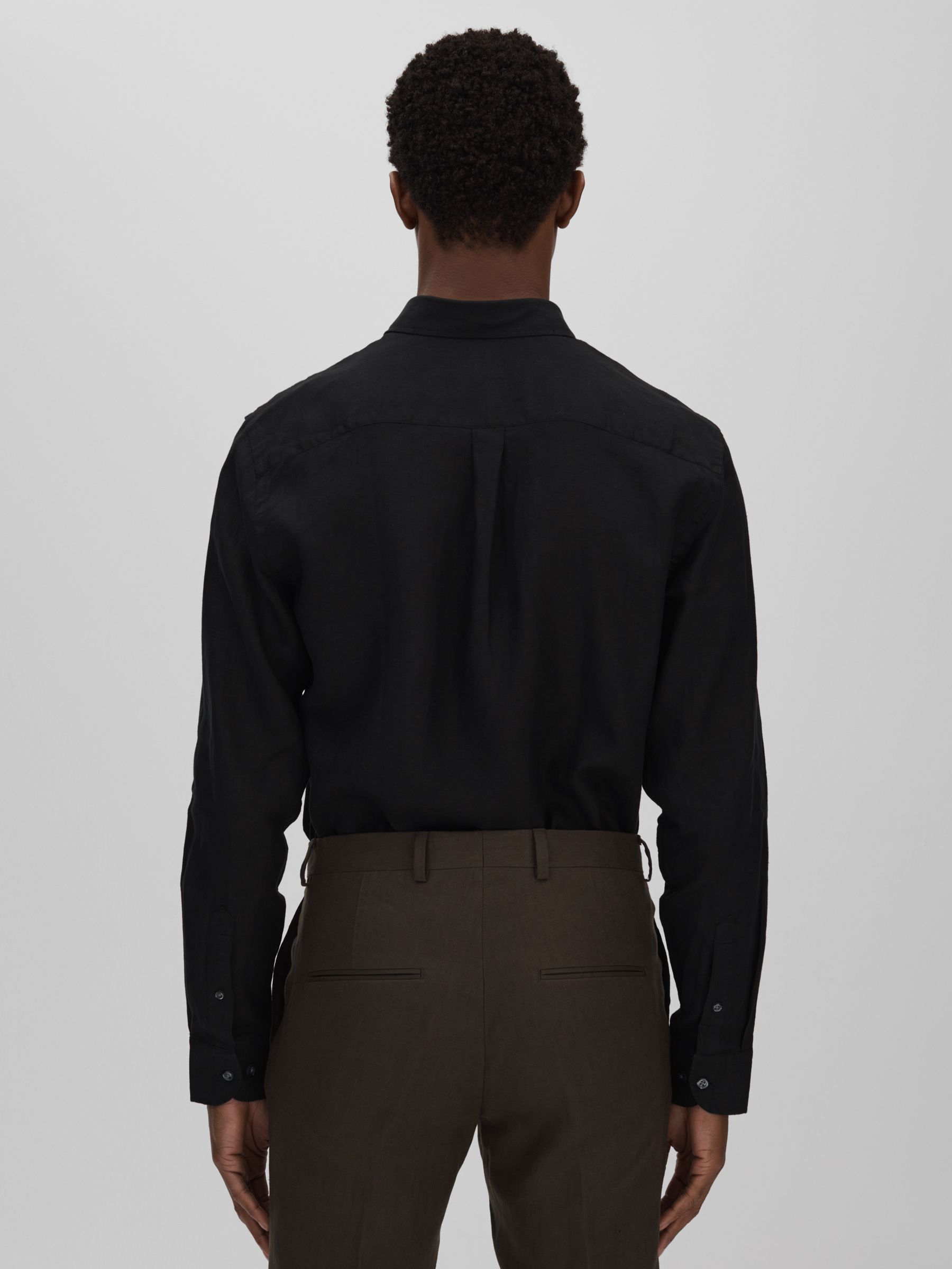 Oscar Jacobson Linen Button Down Collar Shirt in Black - Image 4 of 5